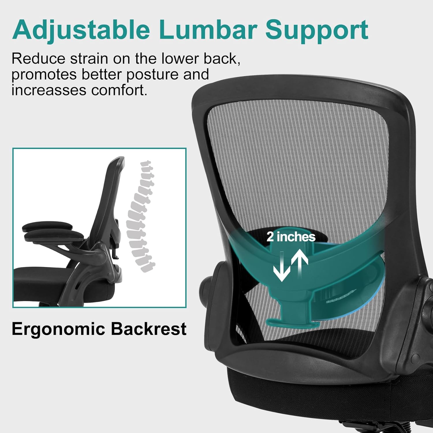 Office Chair, Ergonomic Desk Chair with Adjustable Lumbar Support Breathable Mesh Computer Chair with Flip-up Armrests, Comfy Mid Back Rolling Swivel Executive Chair for Home Office, Black - Image 3