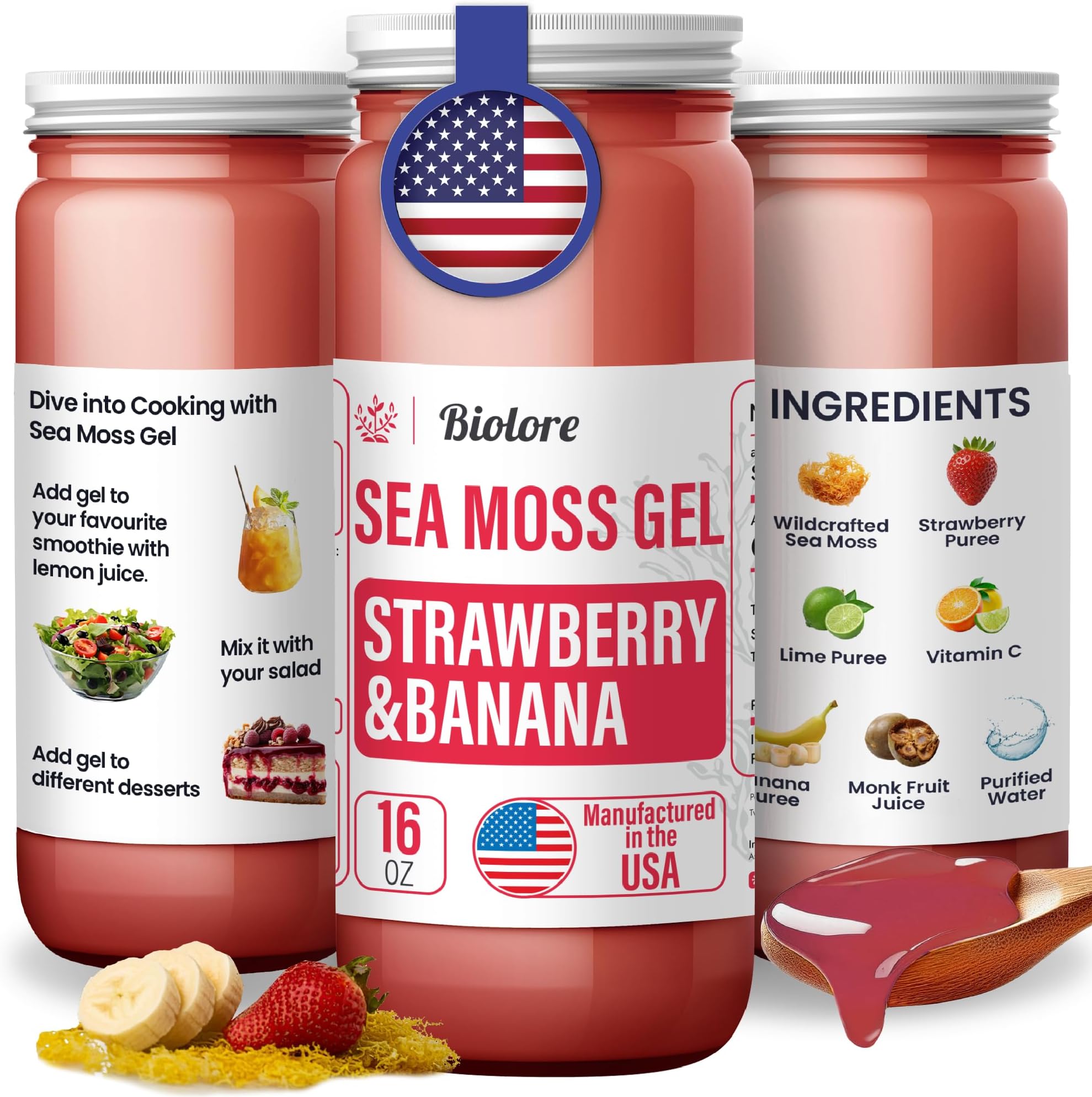 Sea Moss Gel - Strawberry Banana 16oz, Wildcrafted Irish Seamoss with Essential Vitamins & Trace Minerals, Vegan Superfood Made in USA