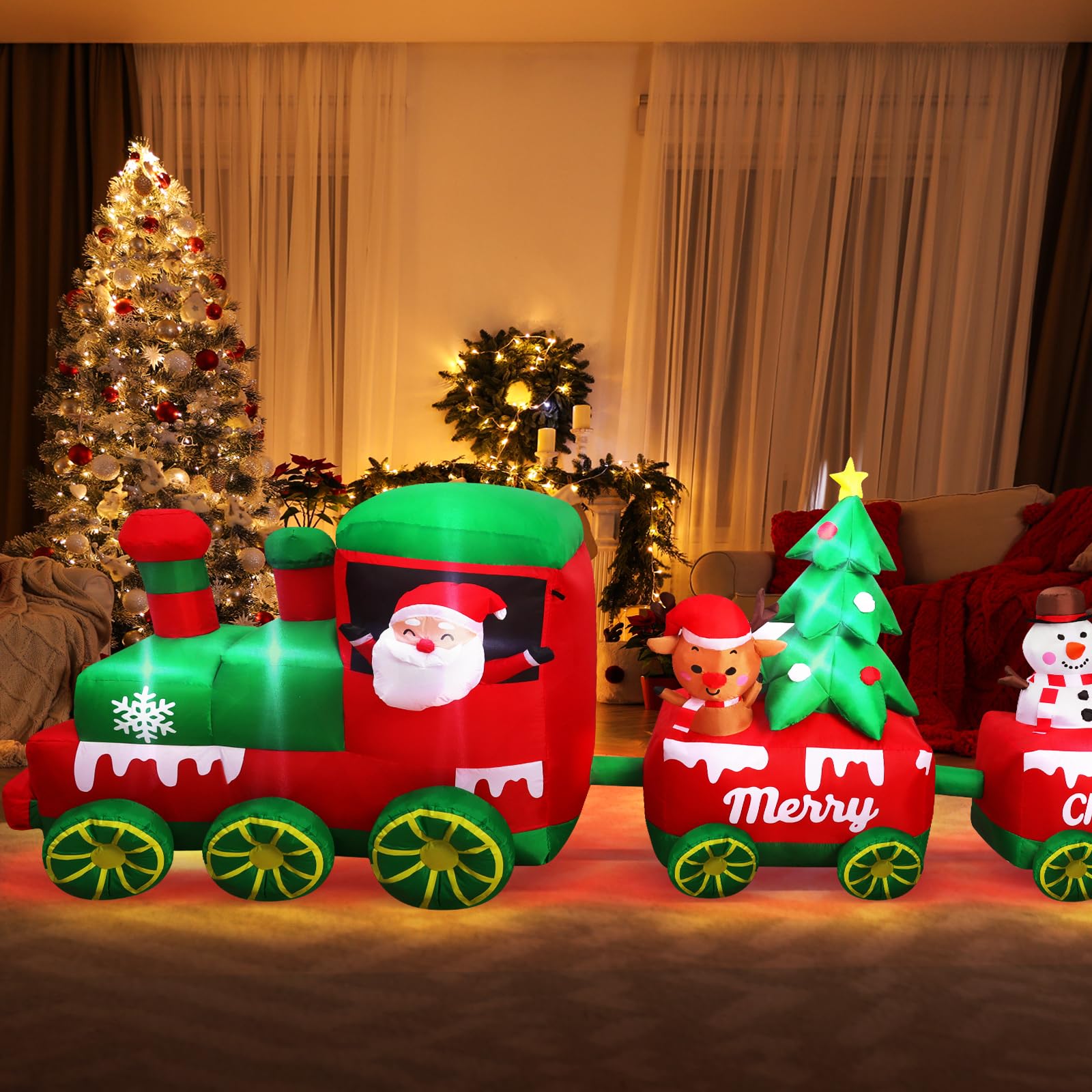 Train Gonflable de Noël de 3 m avec Père Noël, Renne, Bonhomme de Neige, trésor de Noël, lumières LED intégrées, décoration de Noël pour fête de Noël, Vacances, Jardin, pelouse, Cour