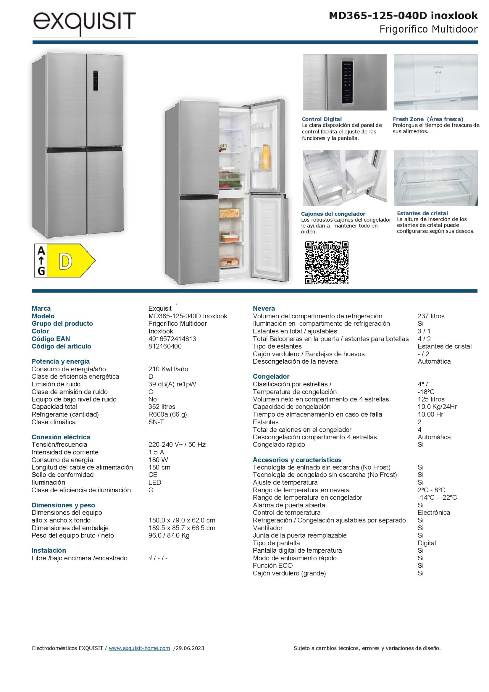 Exquisit® Frigorífico Americano, 4 Puertas, 362L, Clase D, Material Acero Inox, Tecnologia No-Frost, Display Digital en Puerta, Cajon Verdulero Siempre Fresco, Consumo 210 kWh/año, Medidas 180x79x62Cm