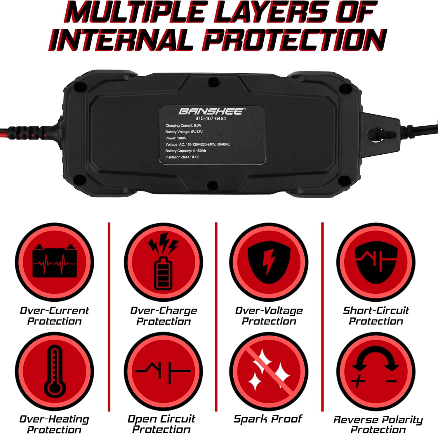 Diagram illustrating the 7 charging modes of the Banshee battery charger