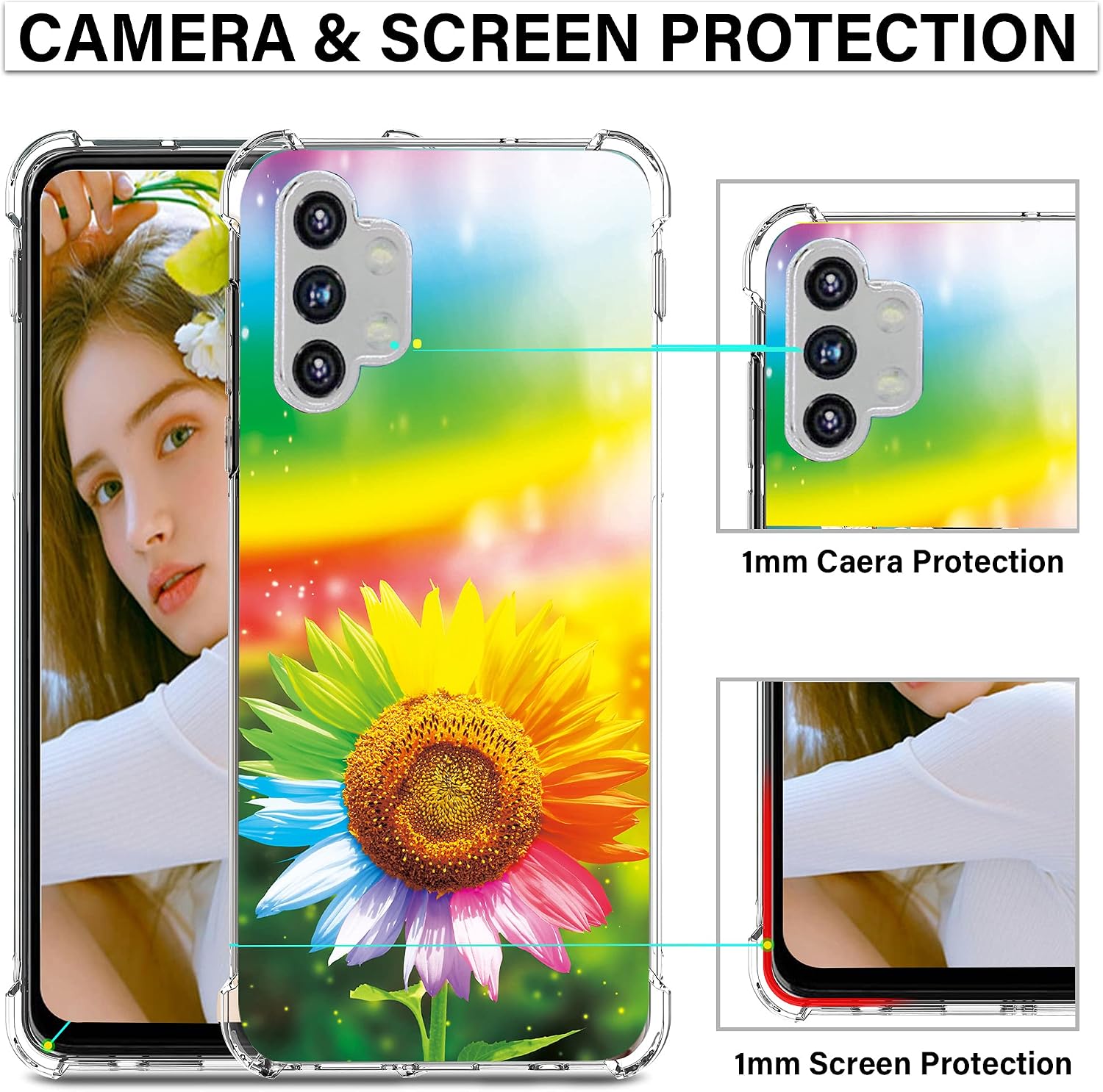 Palbyes for Galaxy A32 5G Case, A Beautiful Ultra-Thin Four-Corner Drop-Proof and Non-Slip Silicone Phone Case Suitable for Ladies and Girls Phone Case for Samsung Galaxy A32 5G (Rainbow Flower)