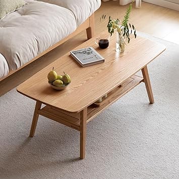 100% Solid Wood Coffee Table for Living Room, 47.24" Mid Century Modern Tables with Shelf Storage, 2-Tier Coffee Table with Rounded Corners Oak Wood Log Color, 47.24" L