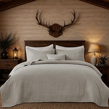 DOWN HOME Queen Quilt Bedding Set with Shams, Vintage Washed Soft Quilted Blanket Thin Comforter Lightweight Bedspread Coverlet Bed Cover, Brushed Microfiber Stripe Stitching, Dust Gray, 86"x90"