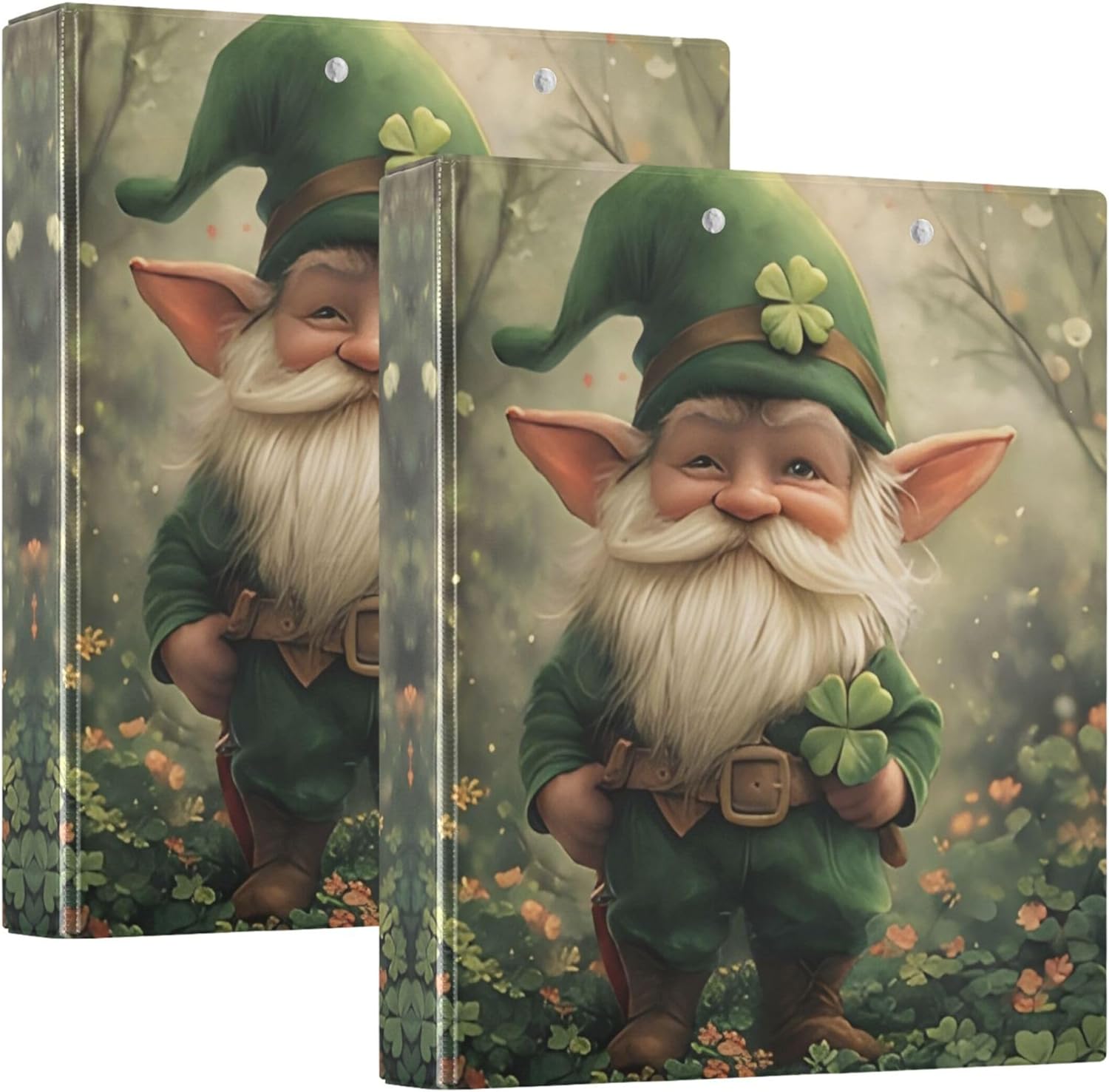St. Patrick's Day Elf 3 Ring Binders, 1.5” Round Ring Binders with Clipboard - Letter Size, 3 Interior PVC Clear Pockets & Anti-Slip Clip for Office School Supplies, 2PCS