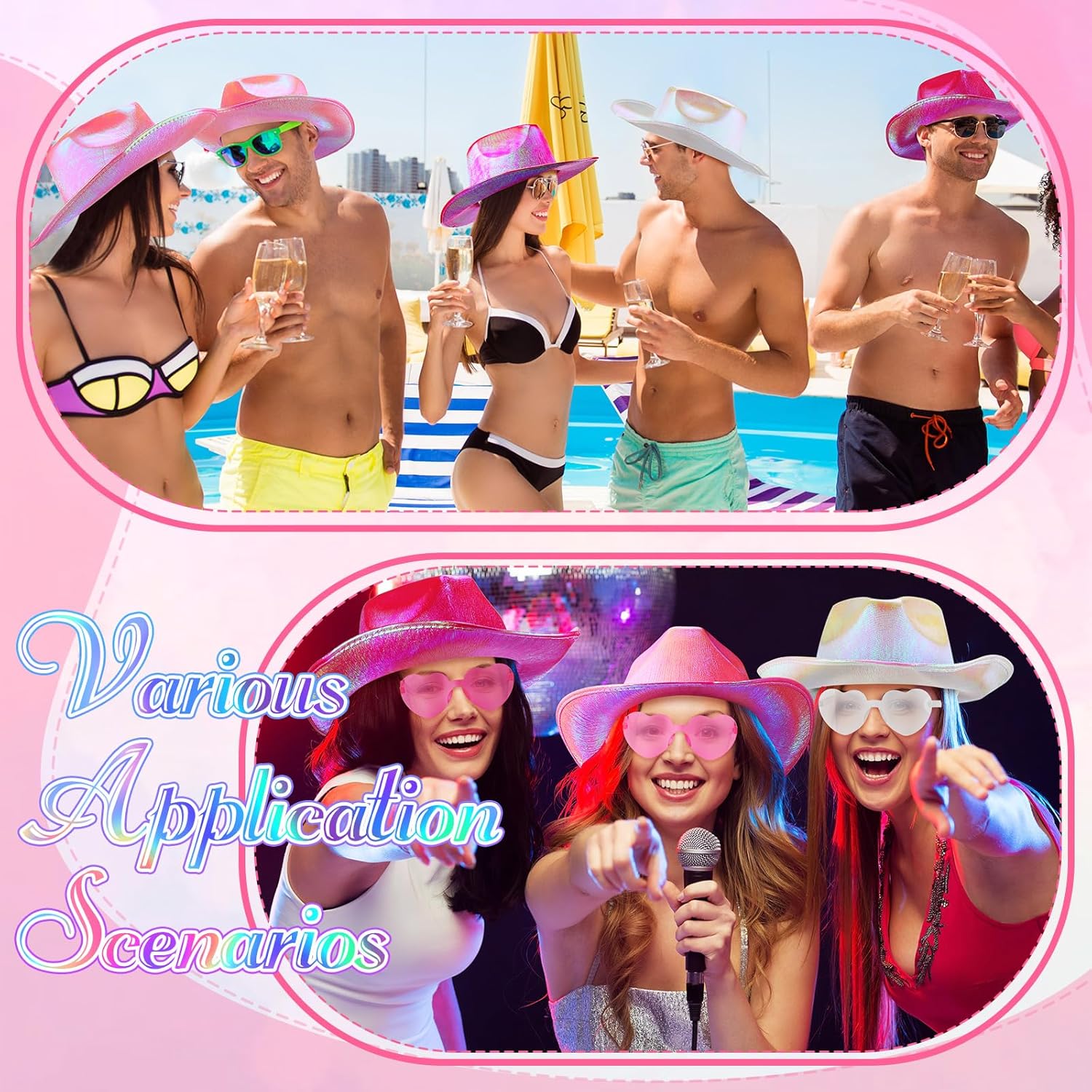 Coume 23 Pcs Cowboy Light up Hat Bulk Sparkly Holographic Hats with Heart Sunglasses for Women Costume Western Party - Image 4