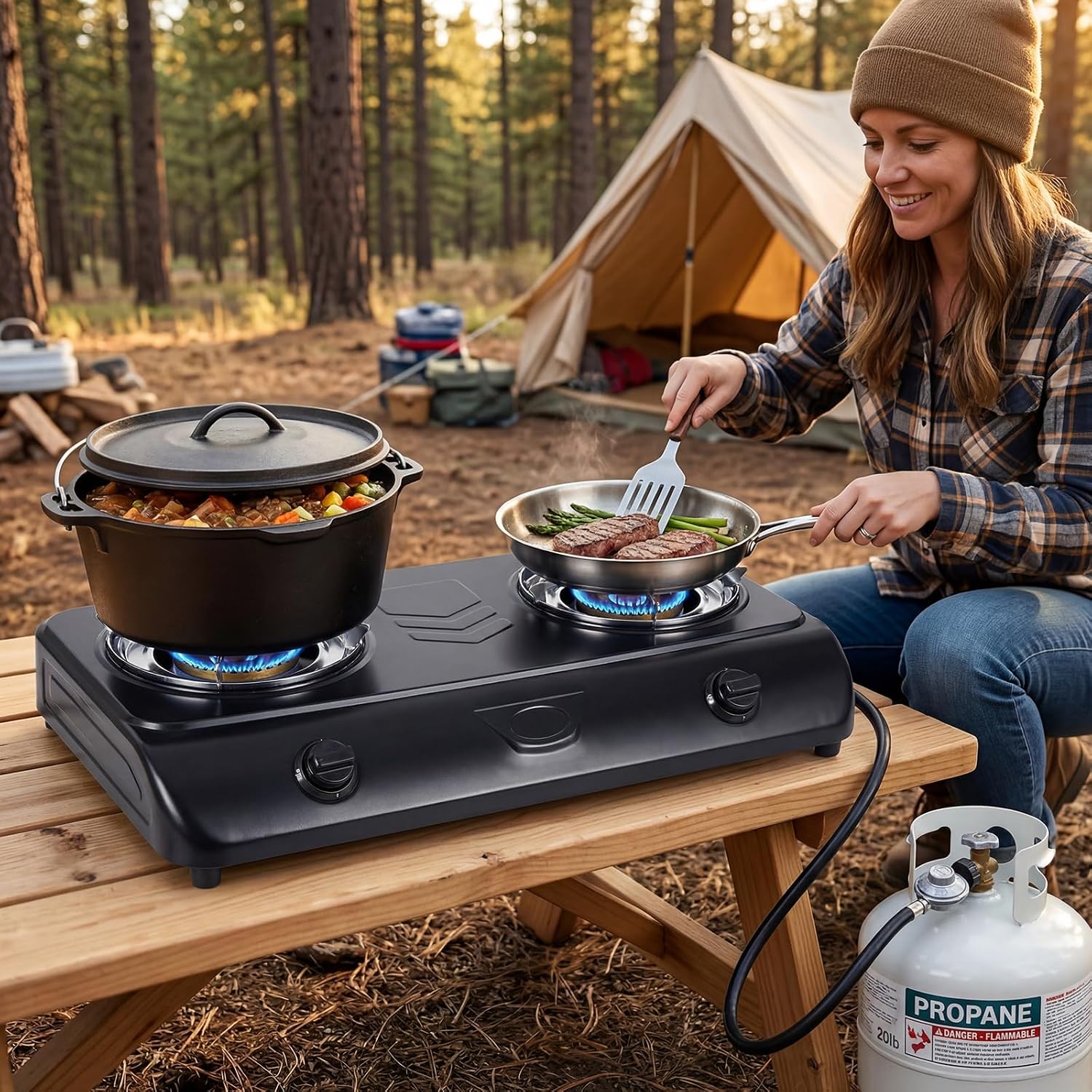 BESTFIRE 28" Portable Propane Stove - Professional Dual-Output Burners (12000 & 9000 BTU) for Precision Cooking, Rust-Resistant Steel 2 Burner Propane Cooktop for Camping, RV, BBQ & Tailgating