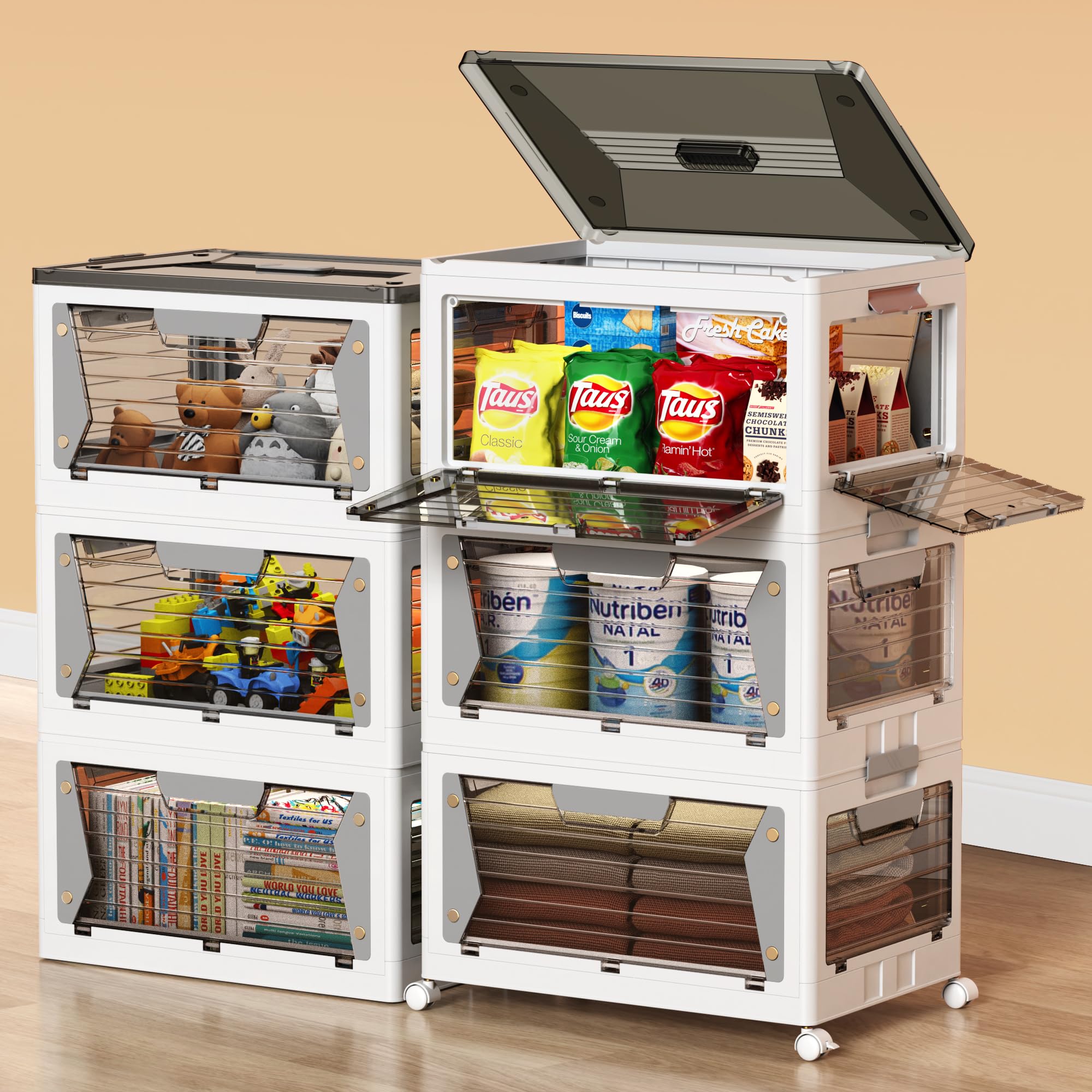 14 Gal Large Stackable Storage Bin with Lid, Plastic Clear Collapsible Storage Bins with Wheels, Foldable Closet Organizers and Storage Bins, Containers for Dorm Room Essentials, Pantry 6 PACK