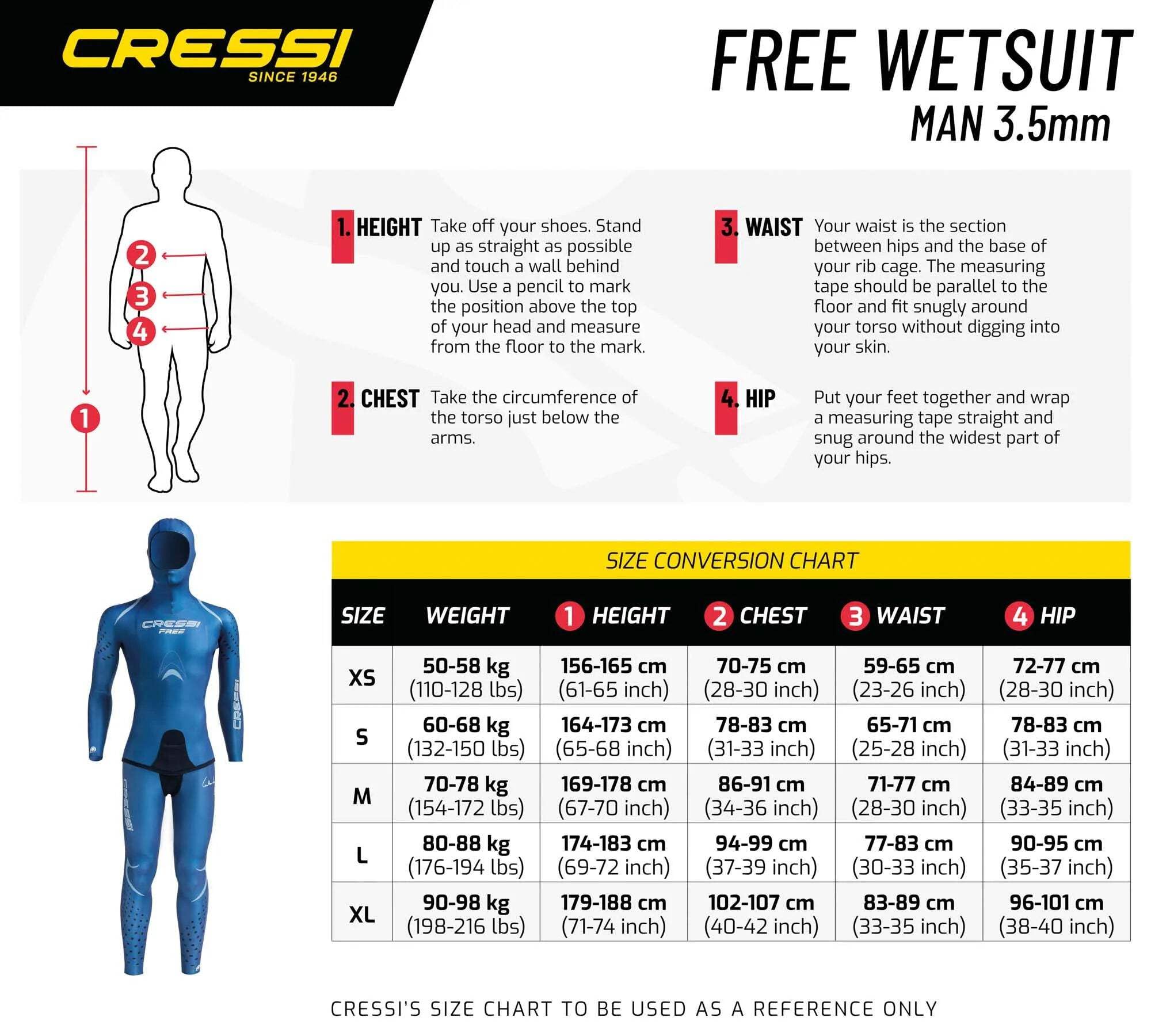 Cressi Free Man Wetsuit 3,5 mm - męski kompletny kombinezon do nurkowania swobodnego, neopren 3,5 mm, metaliczny niebieski, gładki na zewnątrz/otwarta komórka wewnątrz