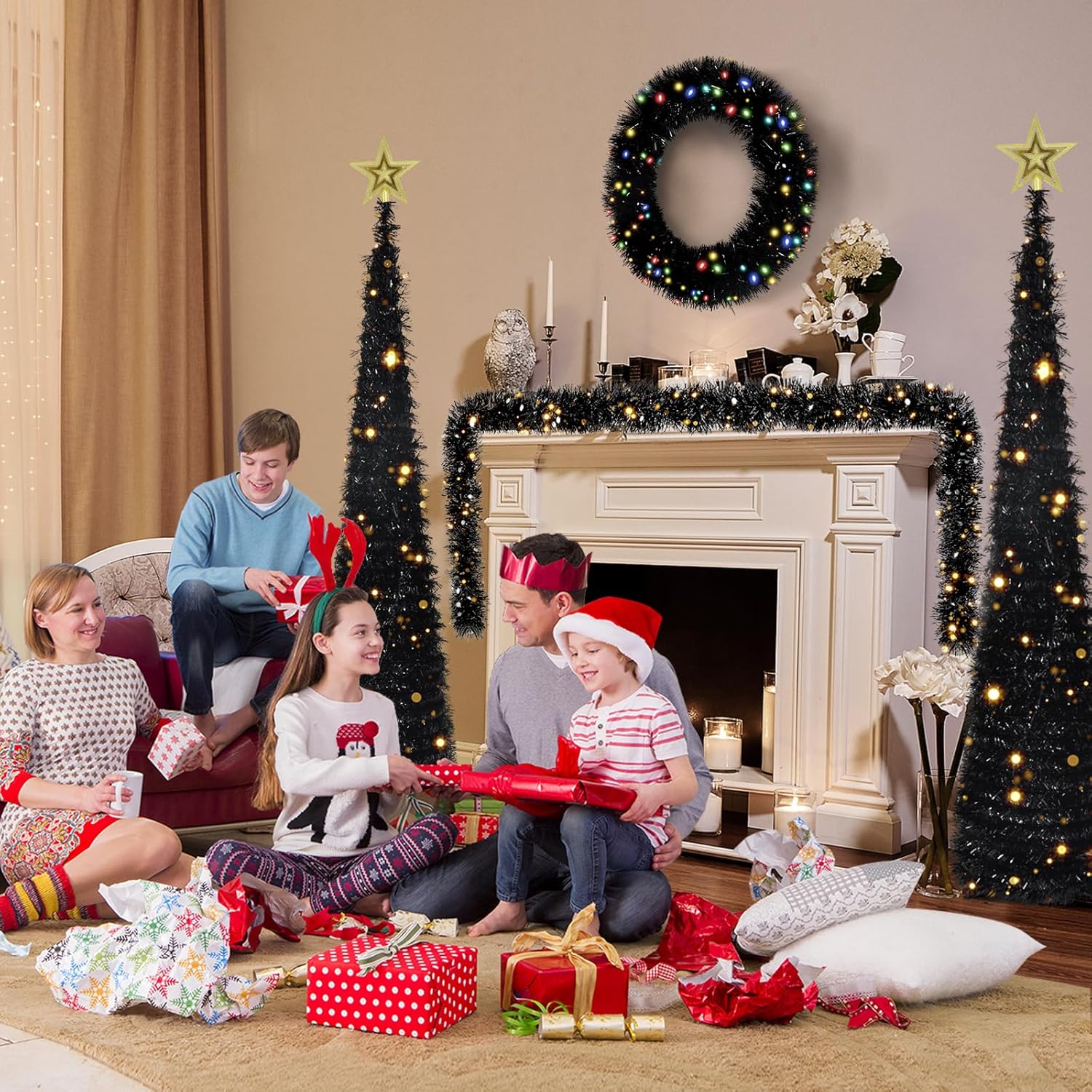 Christmas Decorations 4 Pieces Set, Garland, Wreath and 2 Pop Up Christmas Tinsel Trees with Lights and Tree Toppers for Holiday Home Party Indoor Fireplace Xmas Decor (Black)