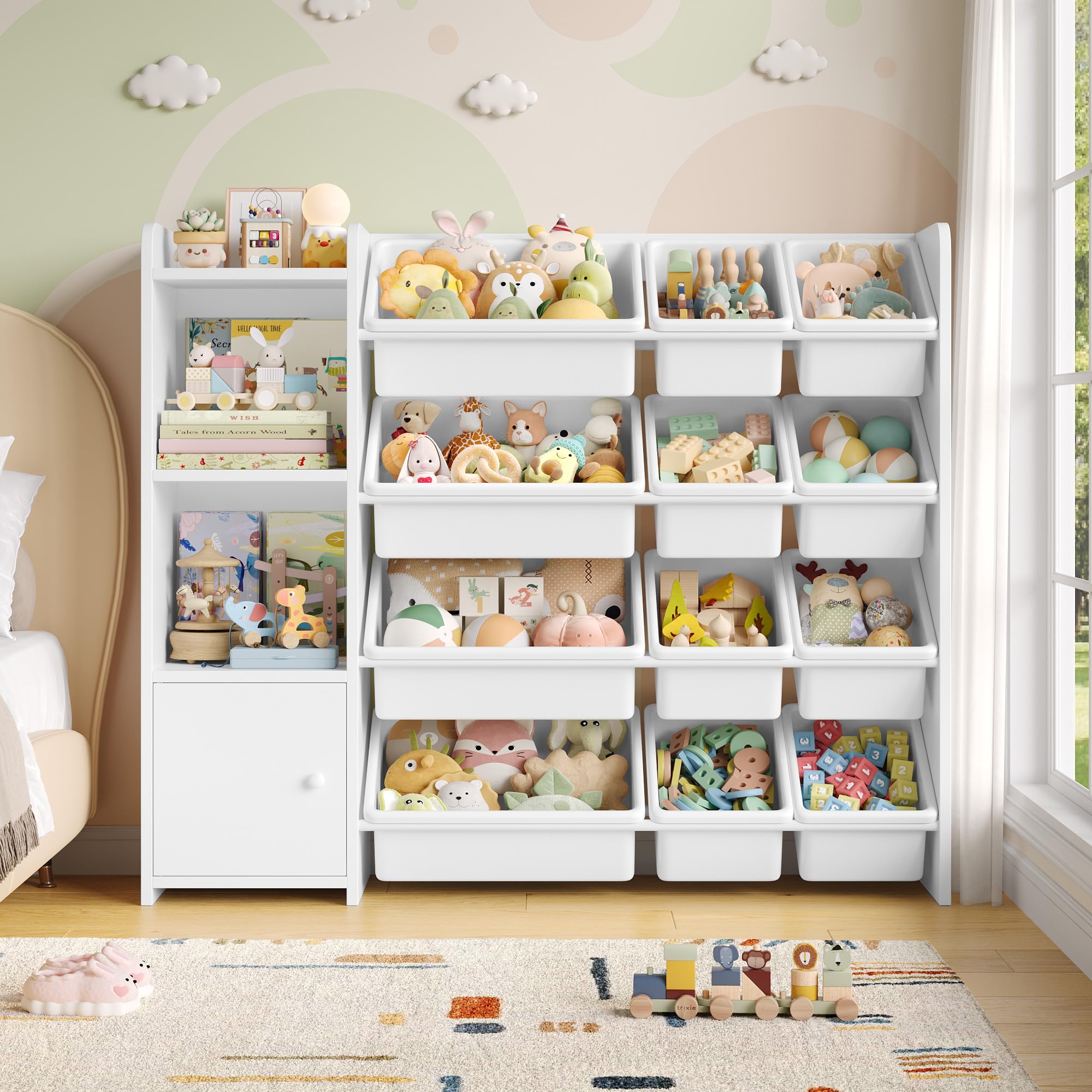 FOREHILL Meuble de Rangement Enfant avec 12 Boîtes Amovibles Bibliothèque Enfant 4 Étagères Meuble Rangement Jouets pour Chambre d’Enfant Salon 112,5x30x100cm Blanc
