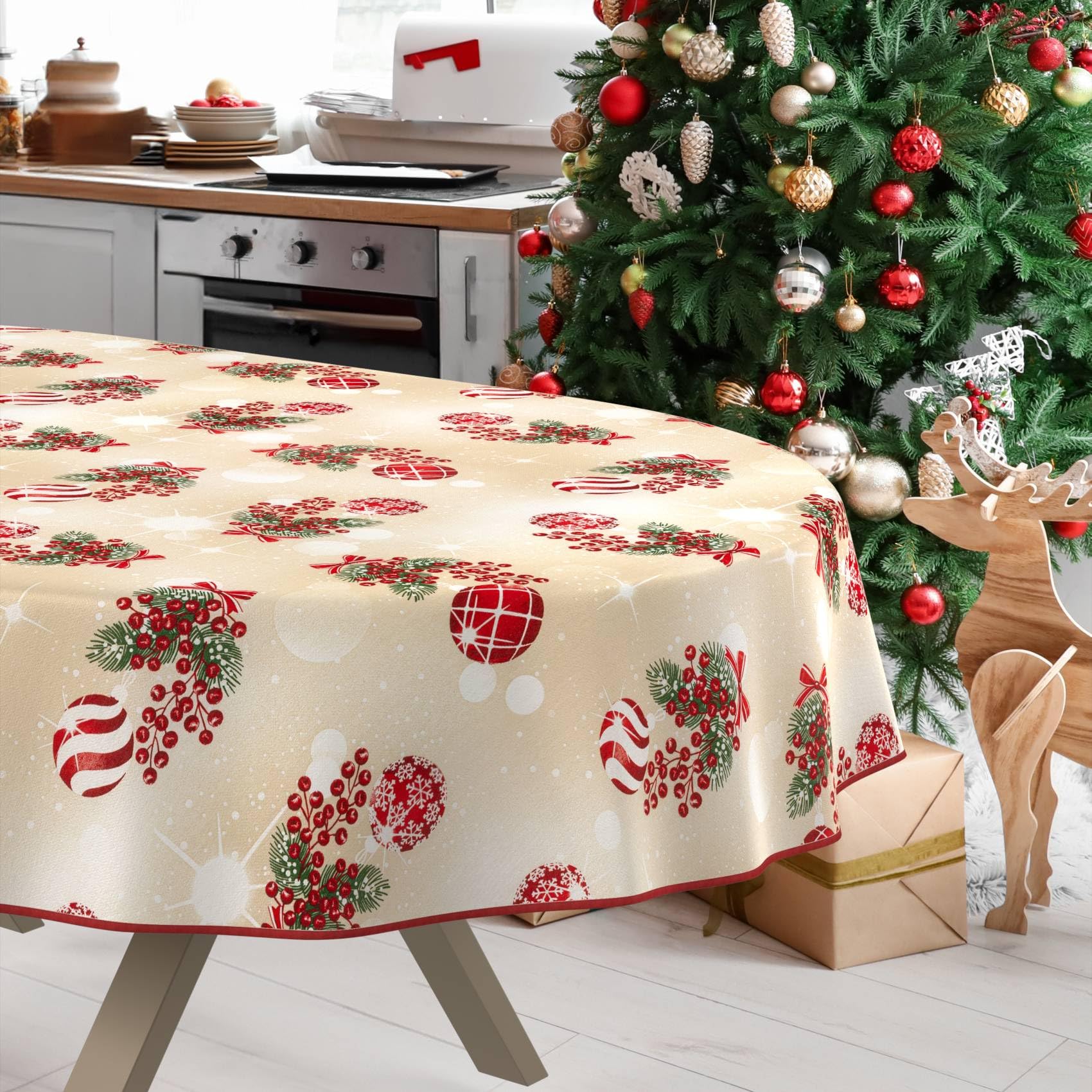 ANRO Tischdecke abwaschbar Weihnachtskugeln Beige mit Saum oval 220x140 cm