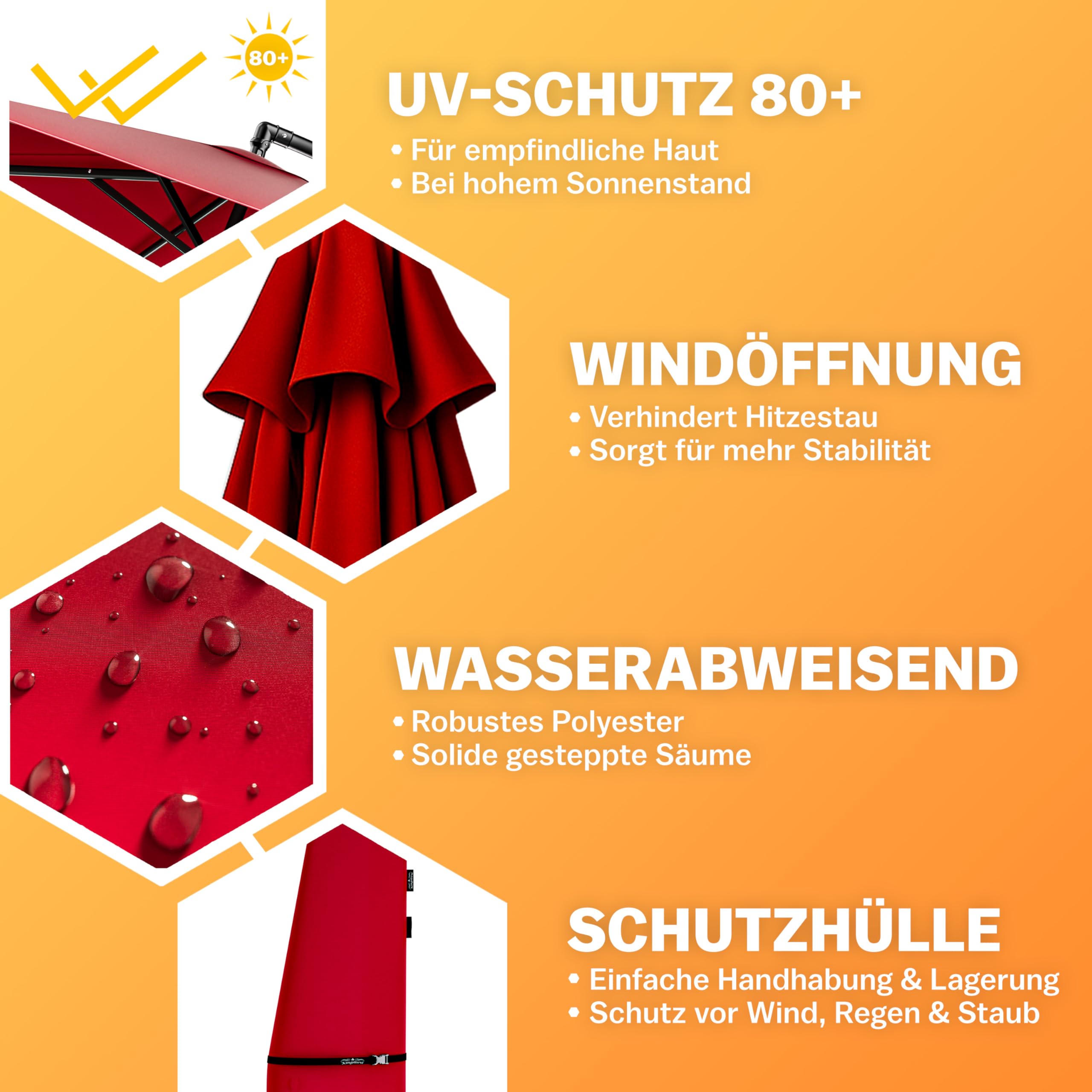 Kingsleeve® Sonnenschirm UV Schutz 80+ Ø 300 cm Groß mit Ständer Schutzhülle Windsicherung Windfest Neigbar Rund Kurbel Garten Balkon Ampelschirm Rot
