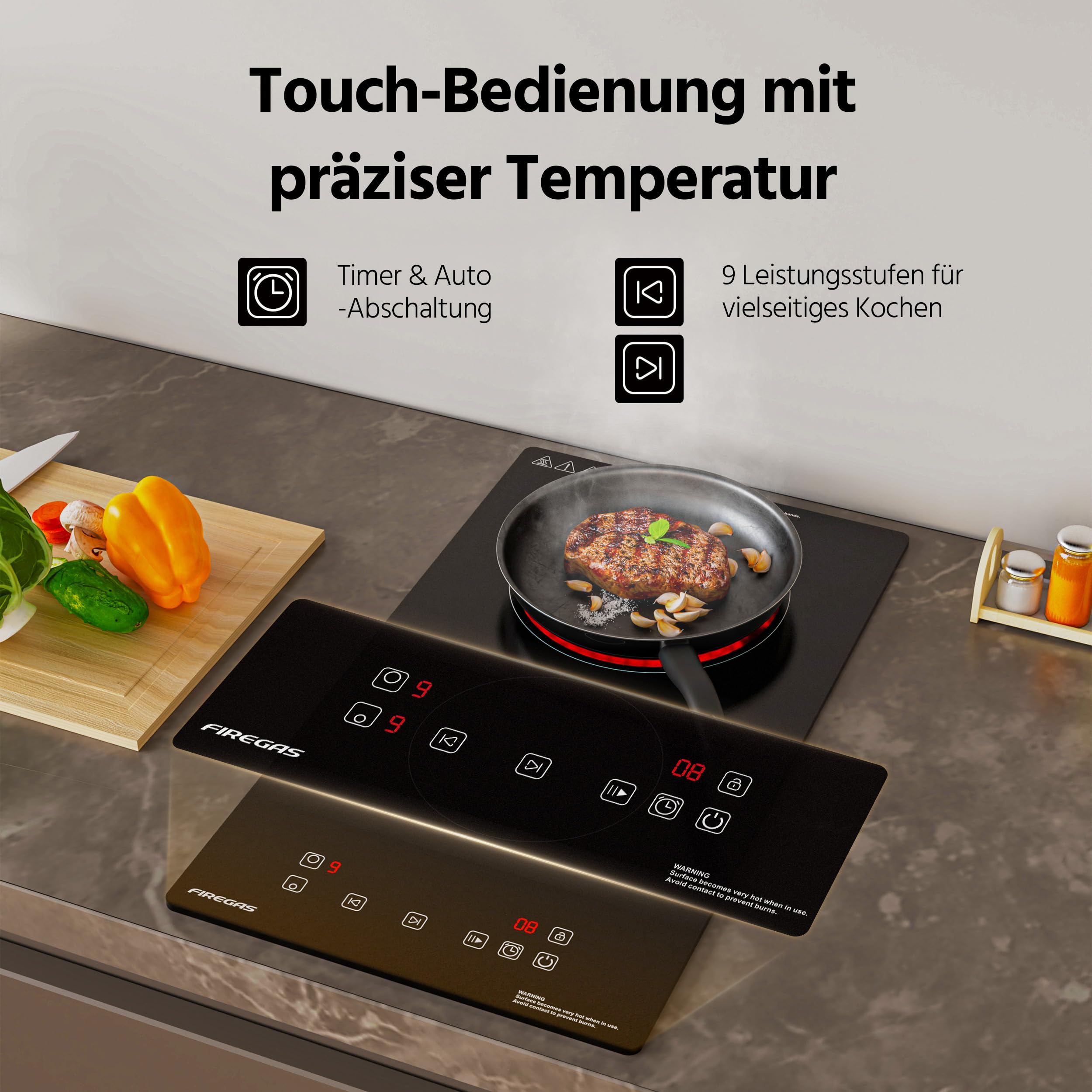 FIREGAS Domino Glaskeramikkochfeld 3000W 9 Leistungsstufen Sensor-Touch-Steuerung Kindersicherung Timer 2 Platten