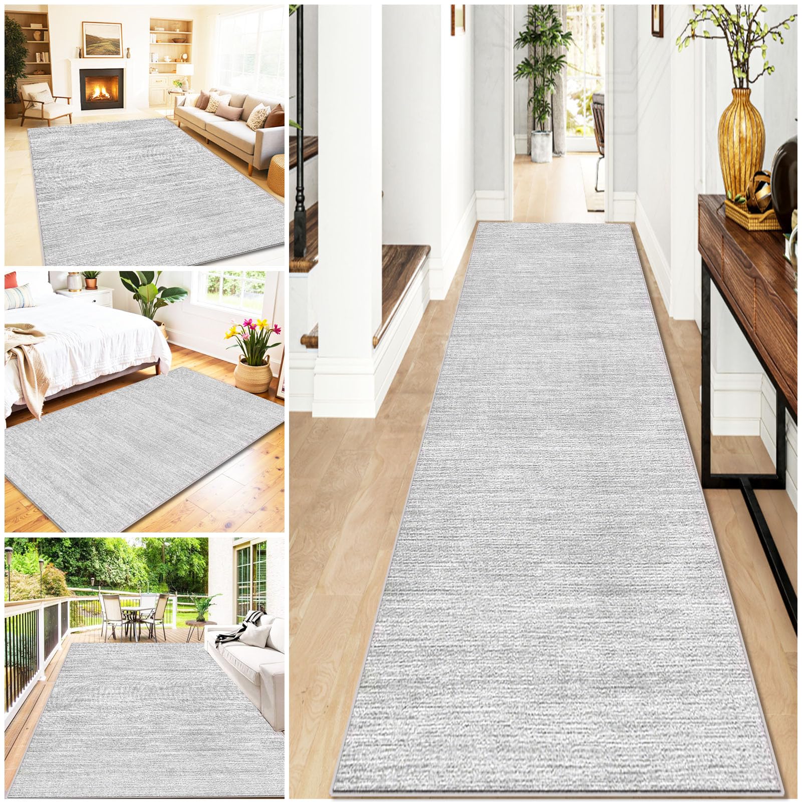 Carpet Runners for Hallway Non Slip Long Kitchen Runner Washable Vintage Carpet Runner Area Rug, 100 x 480 cm Floor Carpet Runner, Entrance Carpet, Narrow Hall Runner Grey for Bedroom, Stair Room