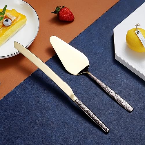 Miniatura 4 de Berglander Juego de cuchillo y servidor para pastel de boda con mango de superficie de luna y cabeza dorada brillante, cortador de tartas, juego de