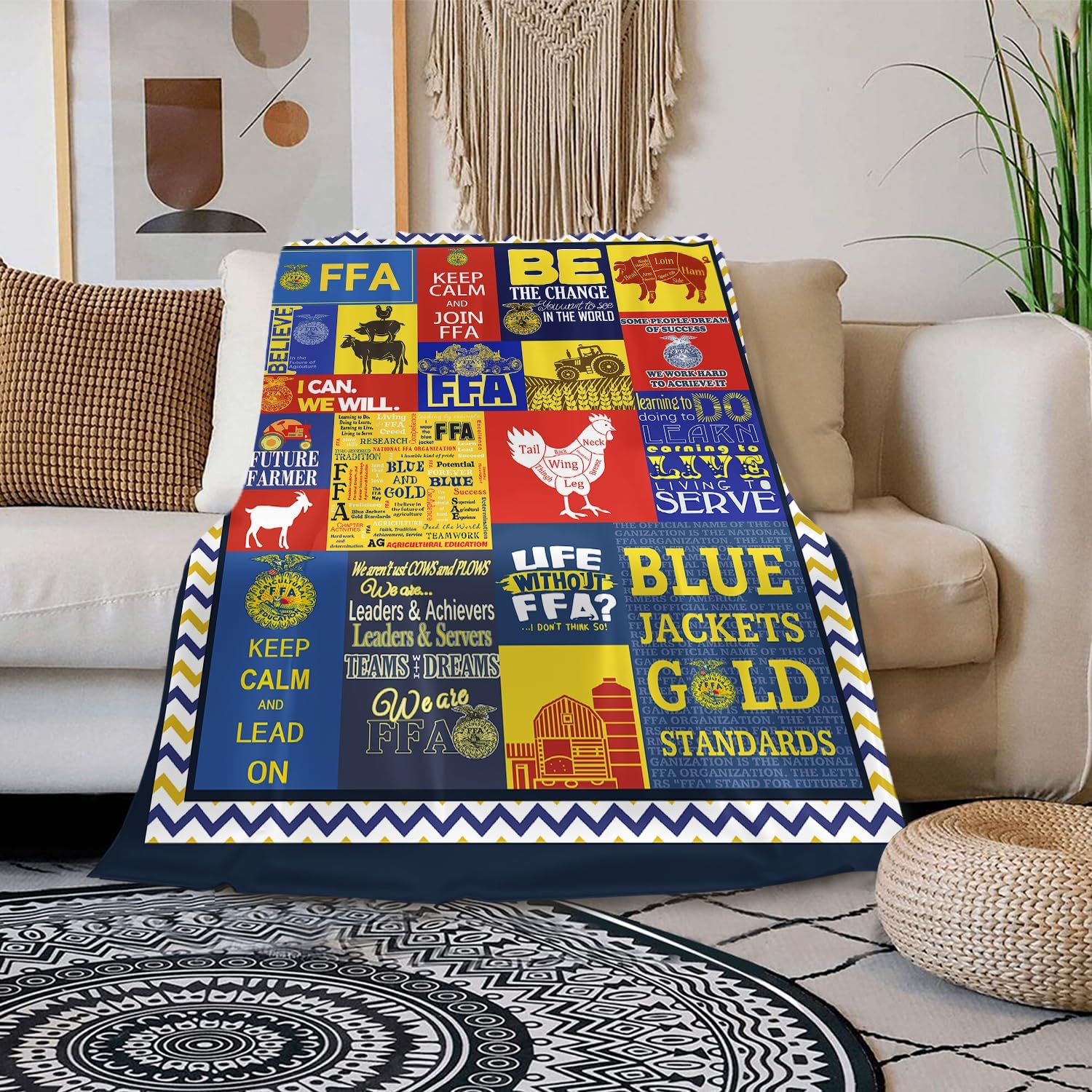 Agriculture Blanket for Ag Student, Farm Club, Blue Gold Fleece Throw Blanket with Leadership Quotes,Soft Warm Ag Student Gift for Young Farmer, Multiple Sizes Blanket (51.1 * 59inch)