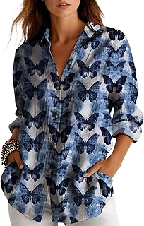 Camisa de manga larga con botones para mujer, diseño de mariposa, casual, holgada, mezcla de algodón, cuello en V, con bolsillos
