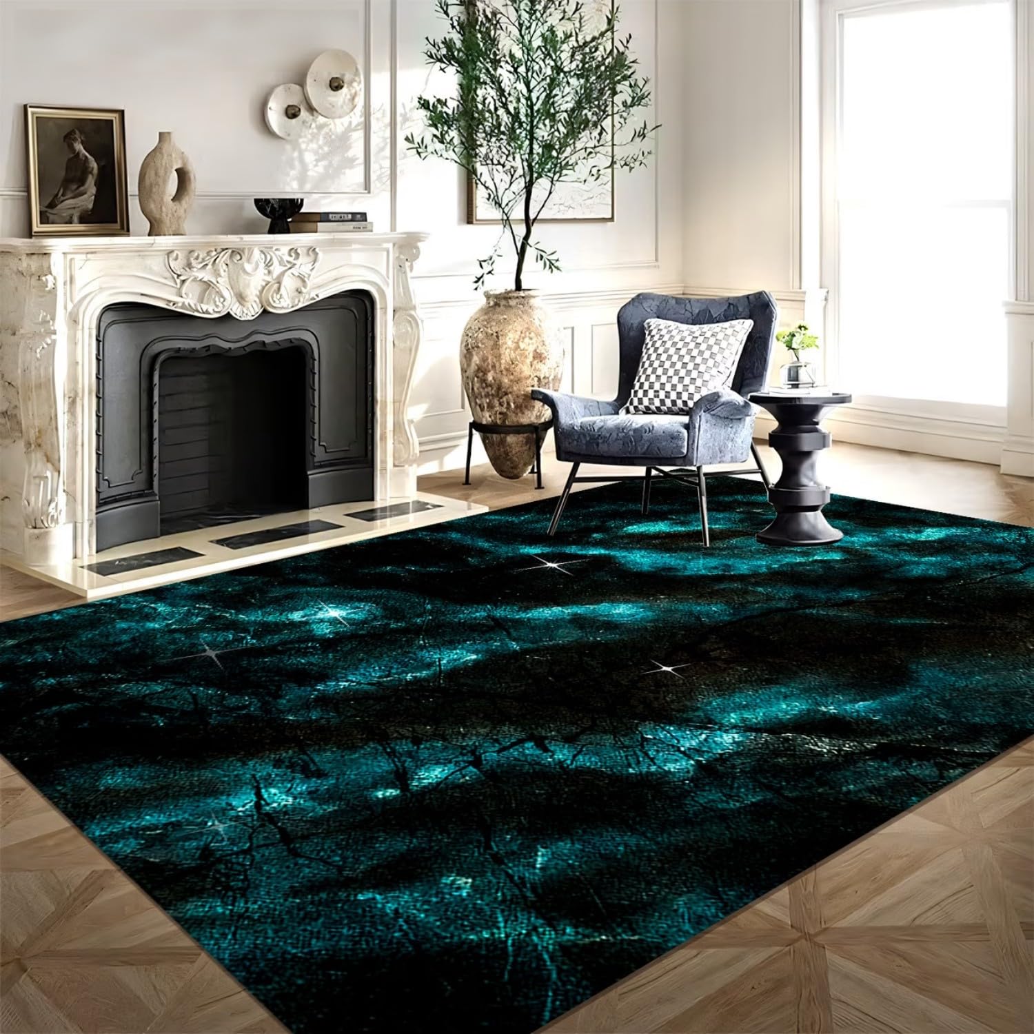 Abstract Marble Area Rugs for Living Room, 180x230cm Emerald Green and Black Cracked Ice Pattern Carpet, Washable Non-Slip Floor Mat, Soft and Comfortable Large-Area Carpet for Bedroom Dining Room