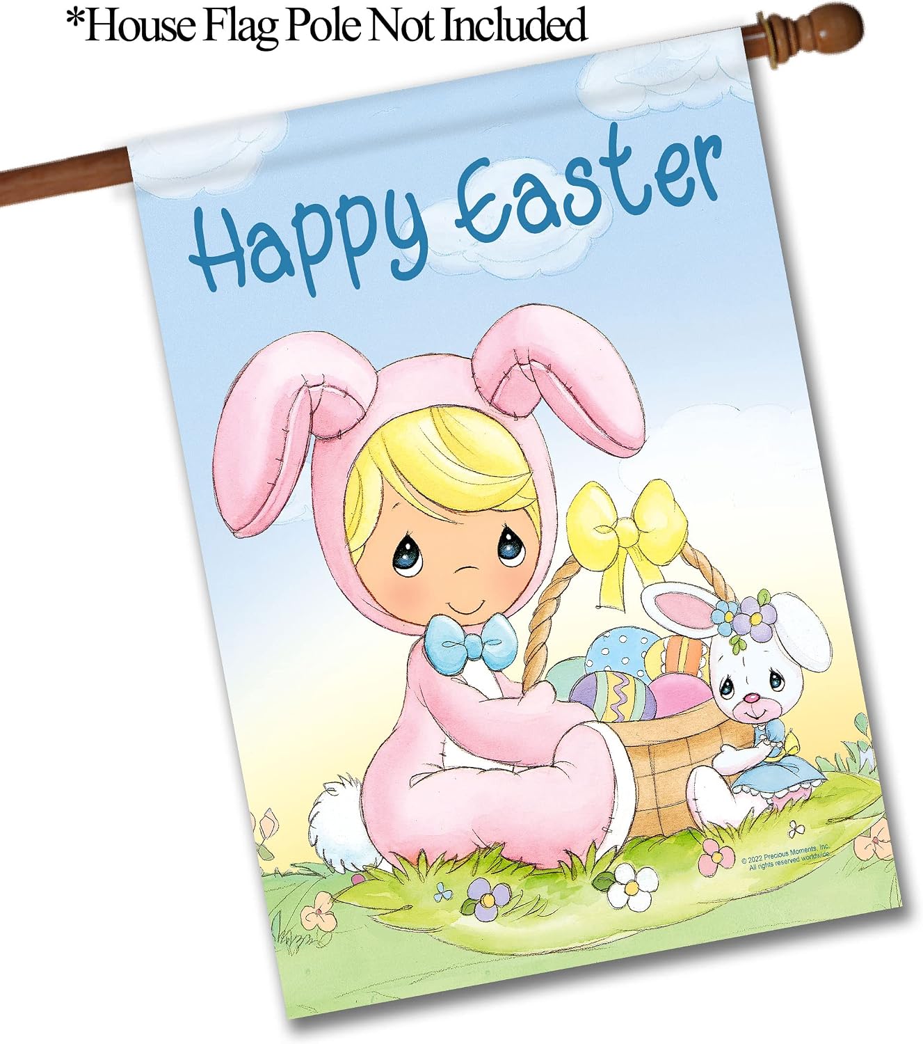 Flagology.com, Precious Moments Happy Easter Pink Bunny – House Flag 28" x 40", Outdoor Flag, Exclusive Premium Fabric, Licensed Precious Moments, Easter
