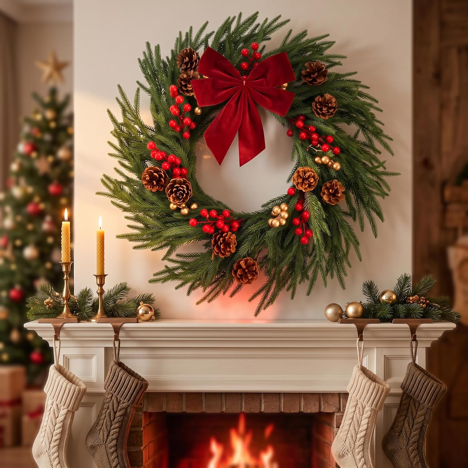 20" Christmas Wreath with Red Bows for Front Door - Artificial Cedar Winter Wreath Decor, Pinecones & Red Berries, Farmhouse Holiday Wreath for Indoor Outdoor Christmas Decorations