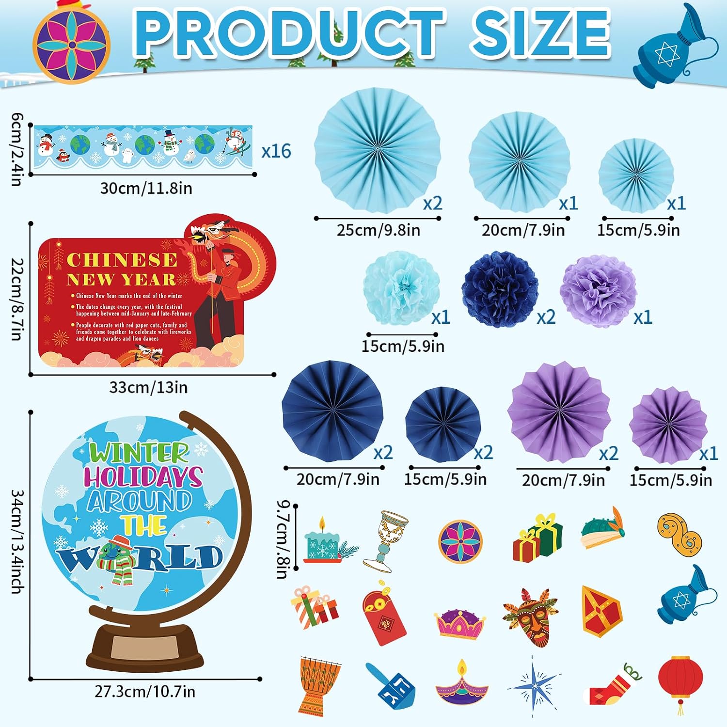 Winter Bulletin Board Set Winter Holidays Around The World Classroom Decoration with 3D Tissue Paper Flower Fan Christmas Chinese New Year Hanukkah Diwali Kwanzaa Cutouts for School Home Wall Decor