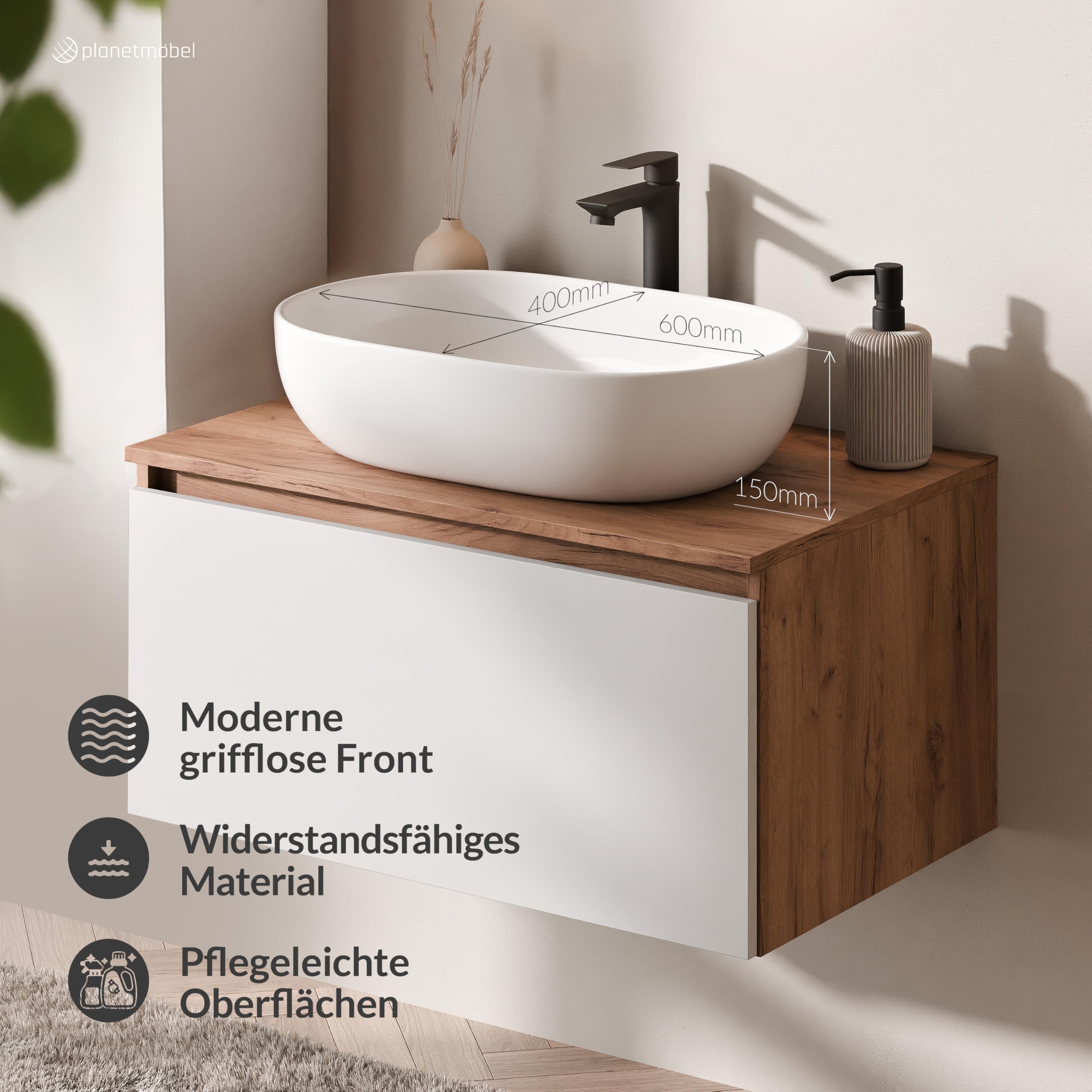 Planetmöbel Arisa Ensemble de meubles de salle de bain avec meuble bas 80 cm chêne doré blanc avec miroir Nova Lavabo 60 cm blanc + siphon d'économie d'espace
