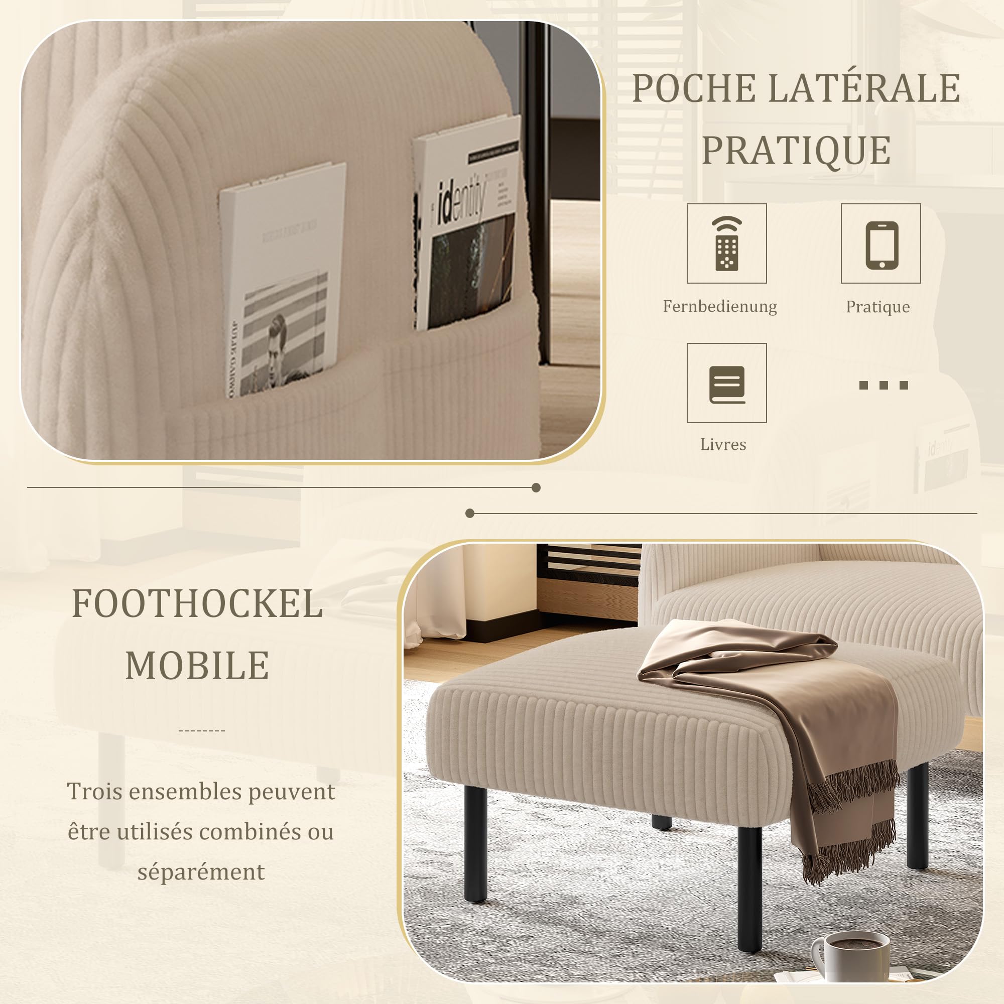 SACOOL Tela de terciopelo, cómoda profundidad del asiento, reposabrazos con bolsillos laterales en ambos lados, estructura sólida, adecuado para diferentes escenas, salón, dormitorio y estudio