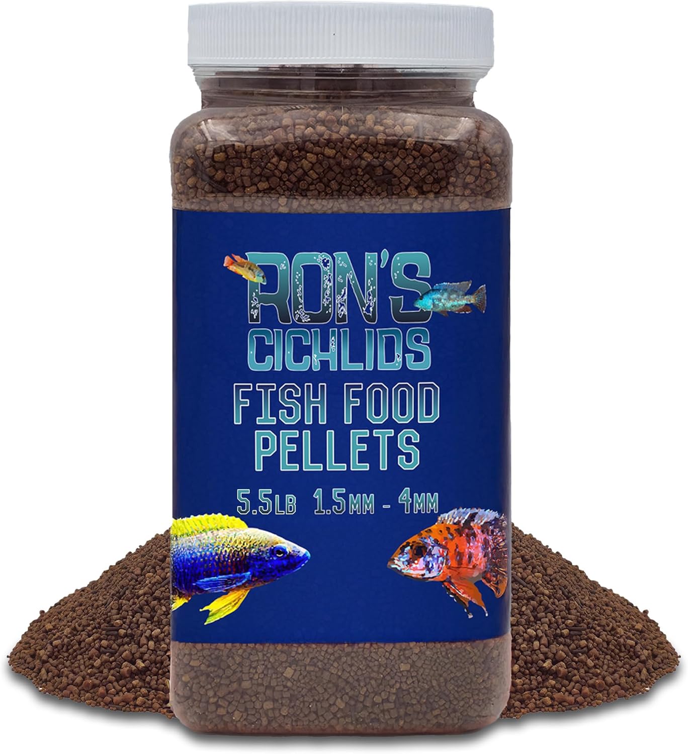 RON'S CICHLIDS Adult African Cichlid Fish Food Pellets – USA Made Slow Sinking Cichlid Pellets & Sticks Feed, Low Fillers, Ideal for Cichlid Food, Koi, Goldfish, Pleco, Oscar & Tropical Fish, 5.5 LB