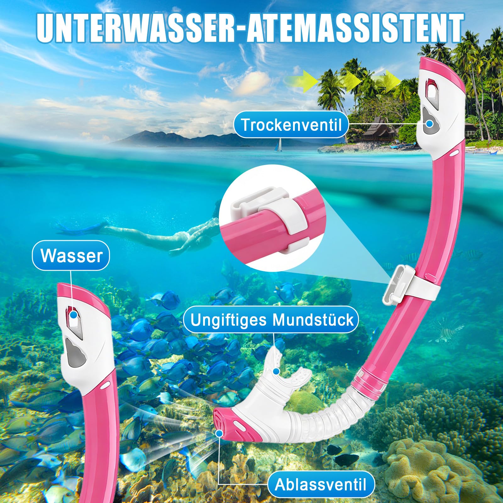 Set da snorkeling, occhiali da sub con boccaglio, maschera subacquea in silicone, set da snorkeling, occhiali da nuoto elastici regolabili, maschera da snorkeling rosa