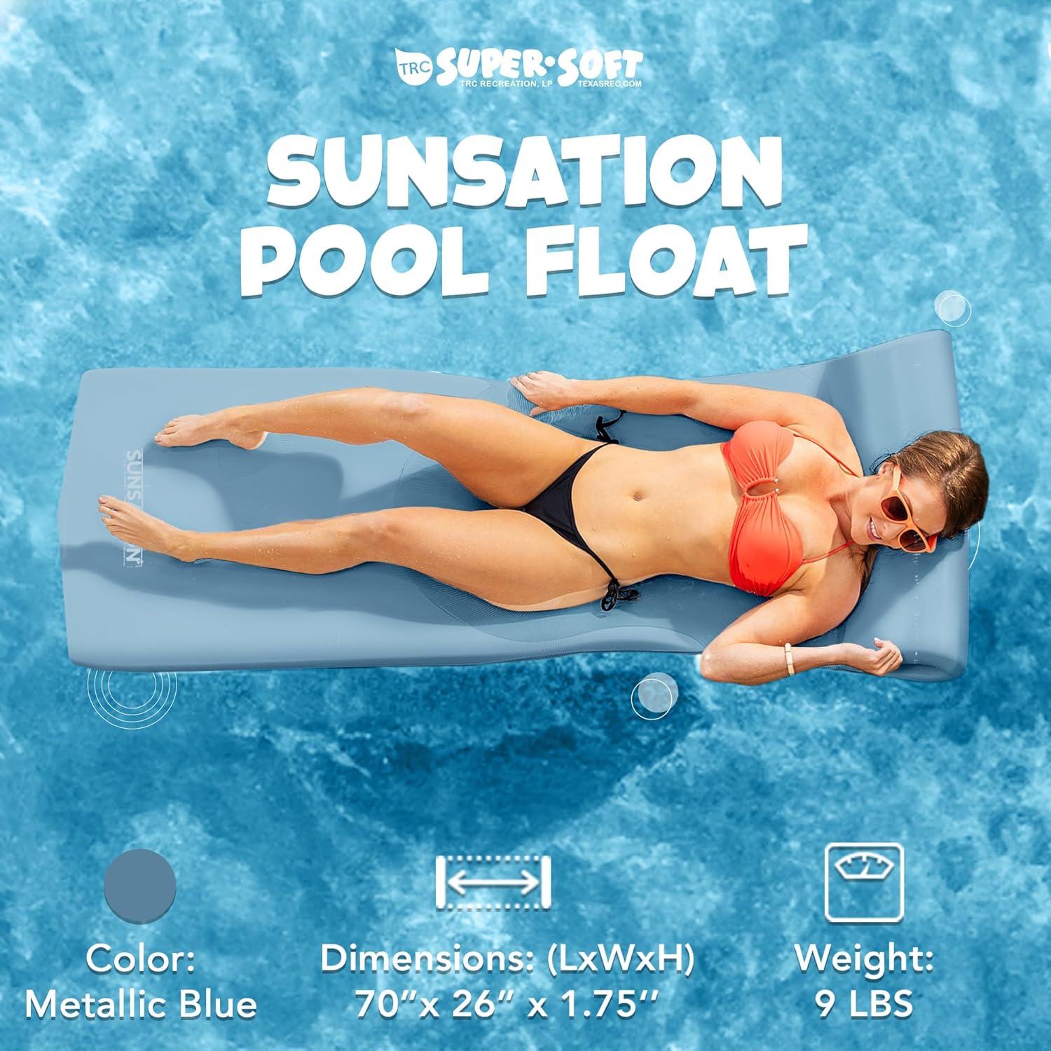 TRC Recreation Sunsation Thick Foam Pool Float Lounger w/Headrest for Lounging & Sunbathing in Swimming Pools, Beaches & Lakes Metallic Blue