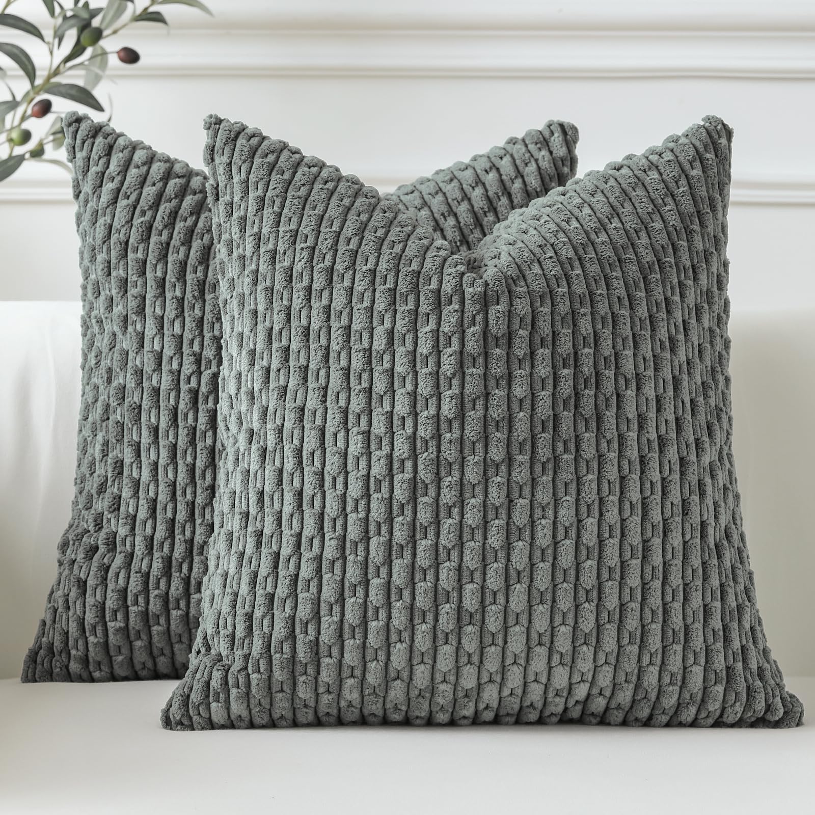 Sungeek Set of 2 Dark Grey Soft Corduroy Decorative Cushion Covers Boho Striped Throw Pillow Covers for Sofa Couch Living Room Patio Farmhouse Home Decor Pillowcases 50x50cm
