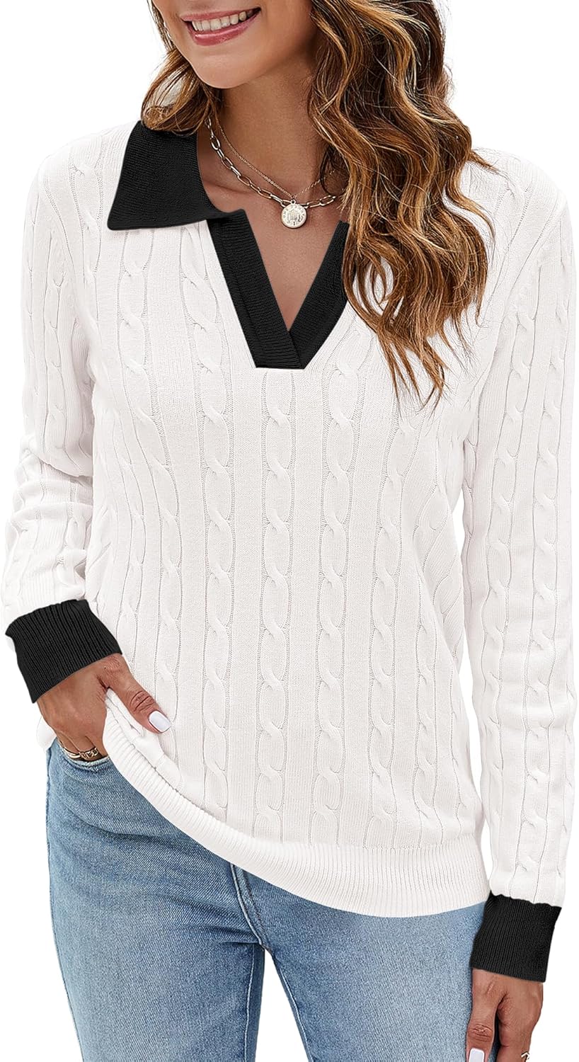 Micoson Womens Fall Long Sleeve Sweaters Lapel V Neck Cable Knitted Pullover Casual Soft Jumper Top - Image 2