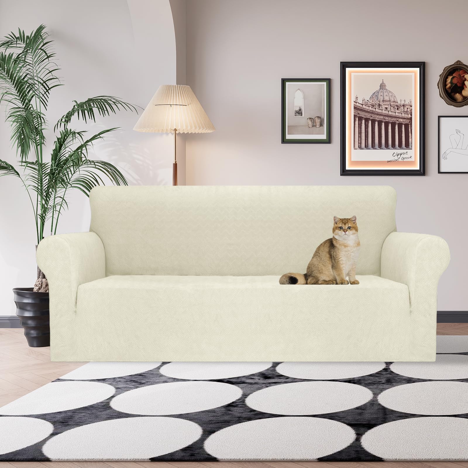Ystyle Funda Sofa 3 Plazas Ajustable, Fundas para Sofa Elasticas, Funda De Sofa Anti Gatos Perros, Sofa Cover con Reposabrazos, Jacquard Fundas Cubre Sofa Ntideslizante Lavable, Beige