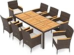 DORTALA 9 Piece Wicker Patio Dining Set, PE Rattan Outdoor Acacia Wood Rectangular Table and Chairs for 8 with 2" Umbrella Hole, Cushions, Deck Furniture Set for Garden, Backyard, Mix Grey+Beige