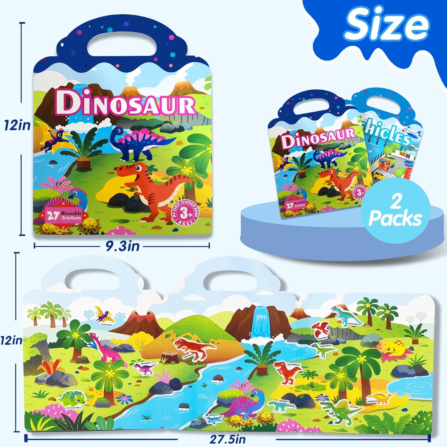2 Sets Reusable Sticker Book for Kids, Puffy Jelly Stickers for Toddlers, Travel Essentials Craft Activities Toys for Boys Birthday Gifts - Dinosaur & Vehicles
