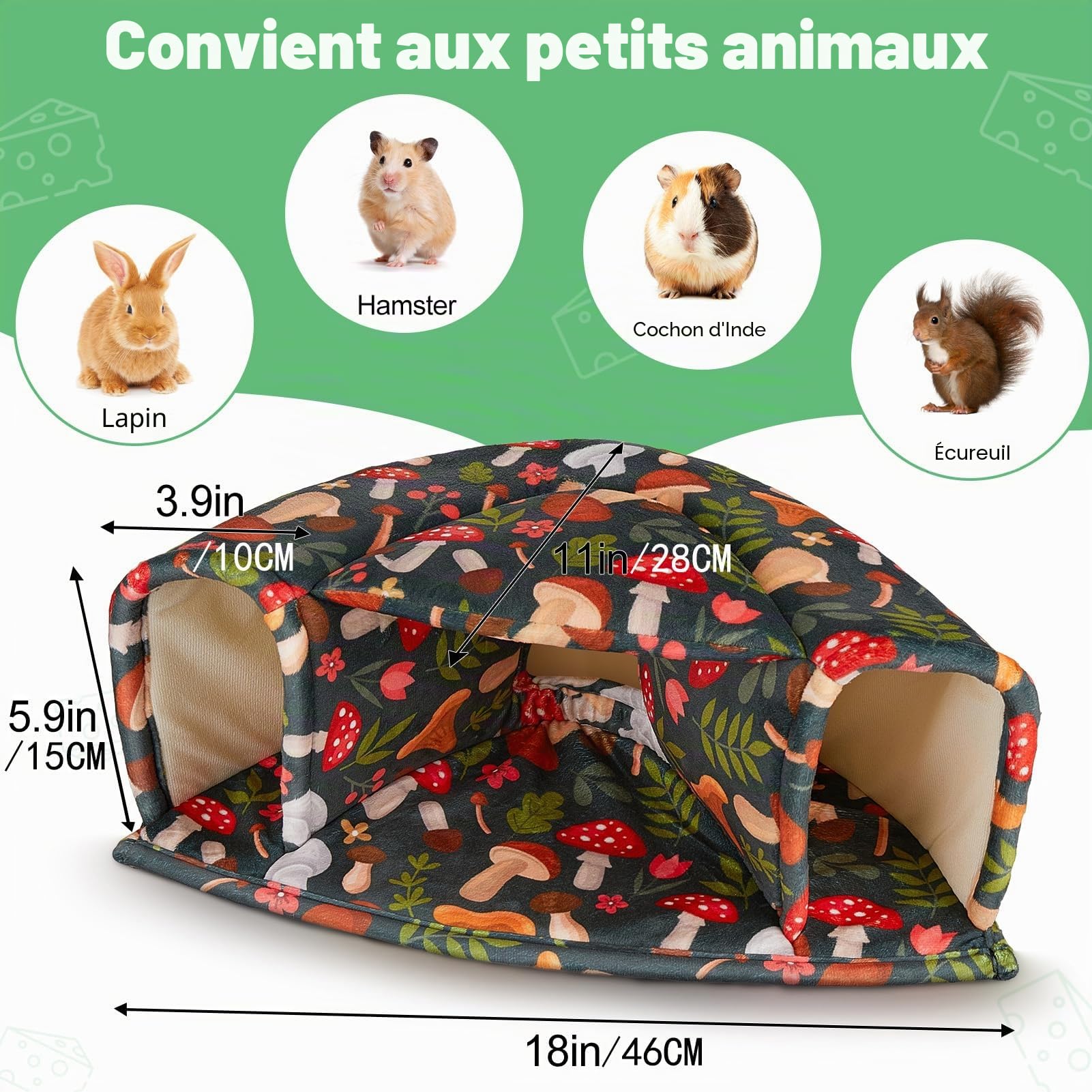 Maison pour Cochon d’Inde et Lapin, Lit Douillet Lavable pour Petits Animaux, Tunnel Chaud pour Hamster et Chinchilla
