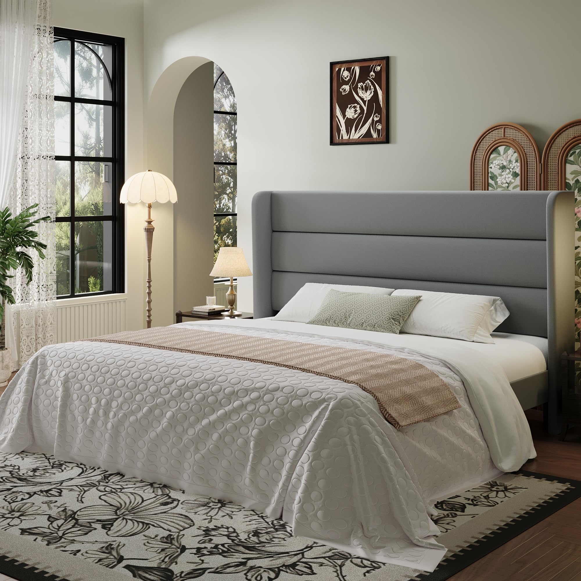 SHA CERLIN Queen Size Velvet Bed Frame with Wingback Headboard/Upholstered Platform Bed with Wooden Slats/Mattress Foundation/No Box Spring Needed/