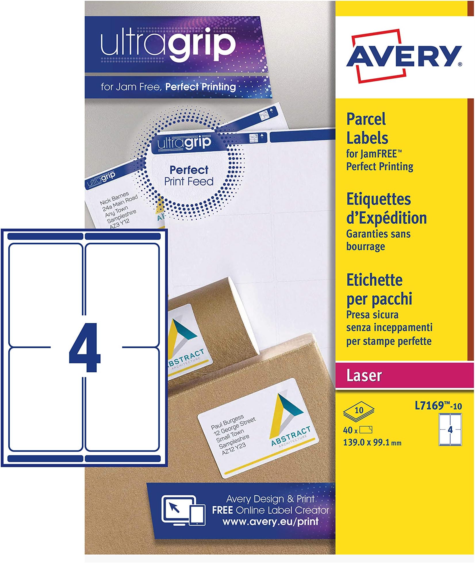 JamFREE, Printable, Parcel Labels, FSC Certified, 139 x 99.1mm, White, 4 per Sheet, 40 Blank Labels per Pack (L7169)