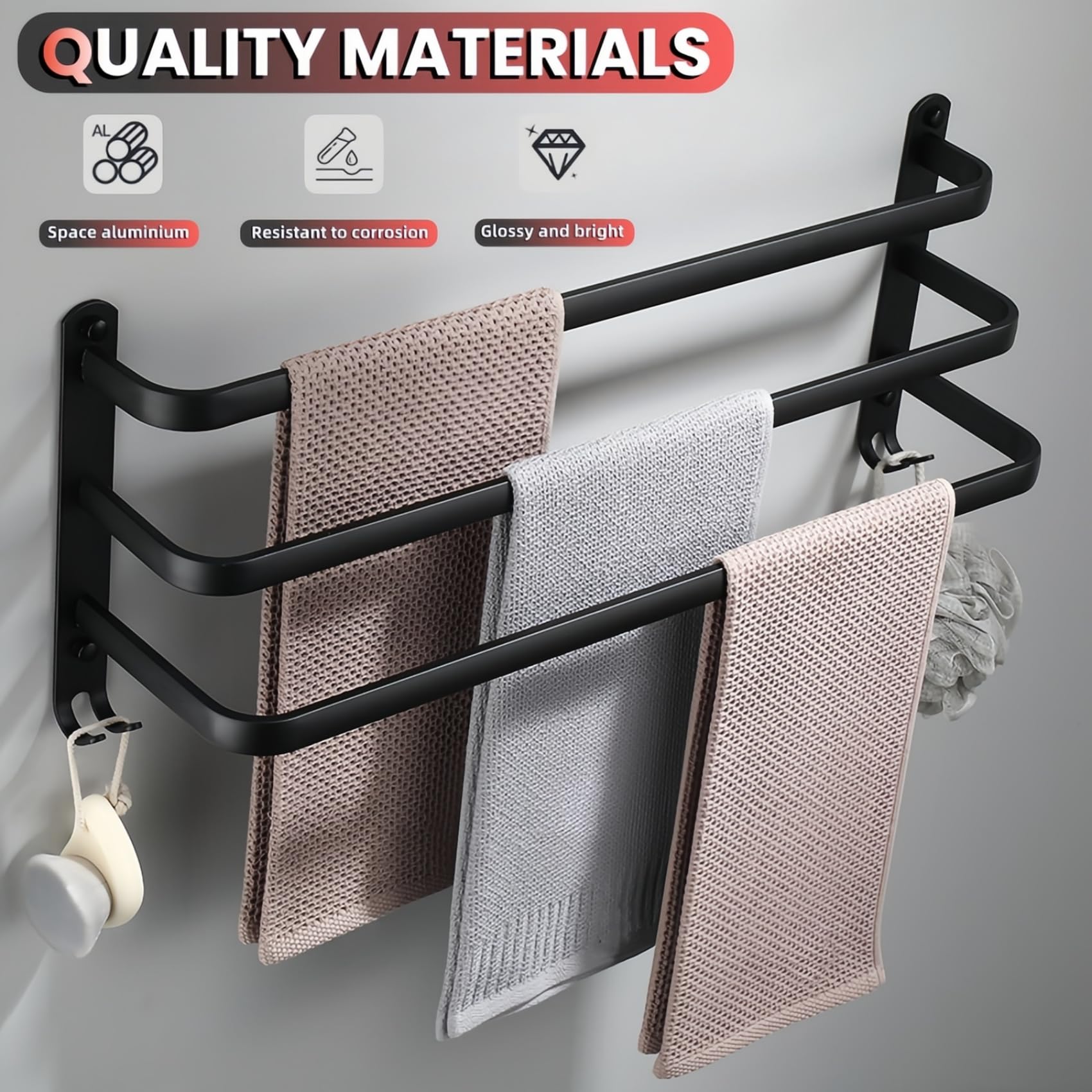 yozhch Black Towel Rail with Hooks, 3-Tier Towel Rack Wall Mounted Bathroom Towel Holder - Image 4
