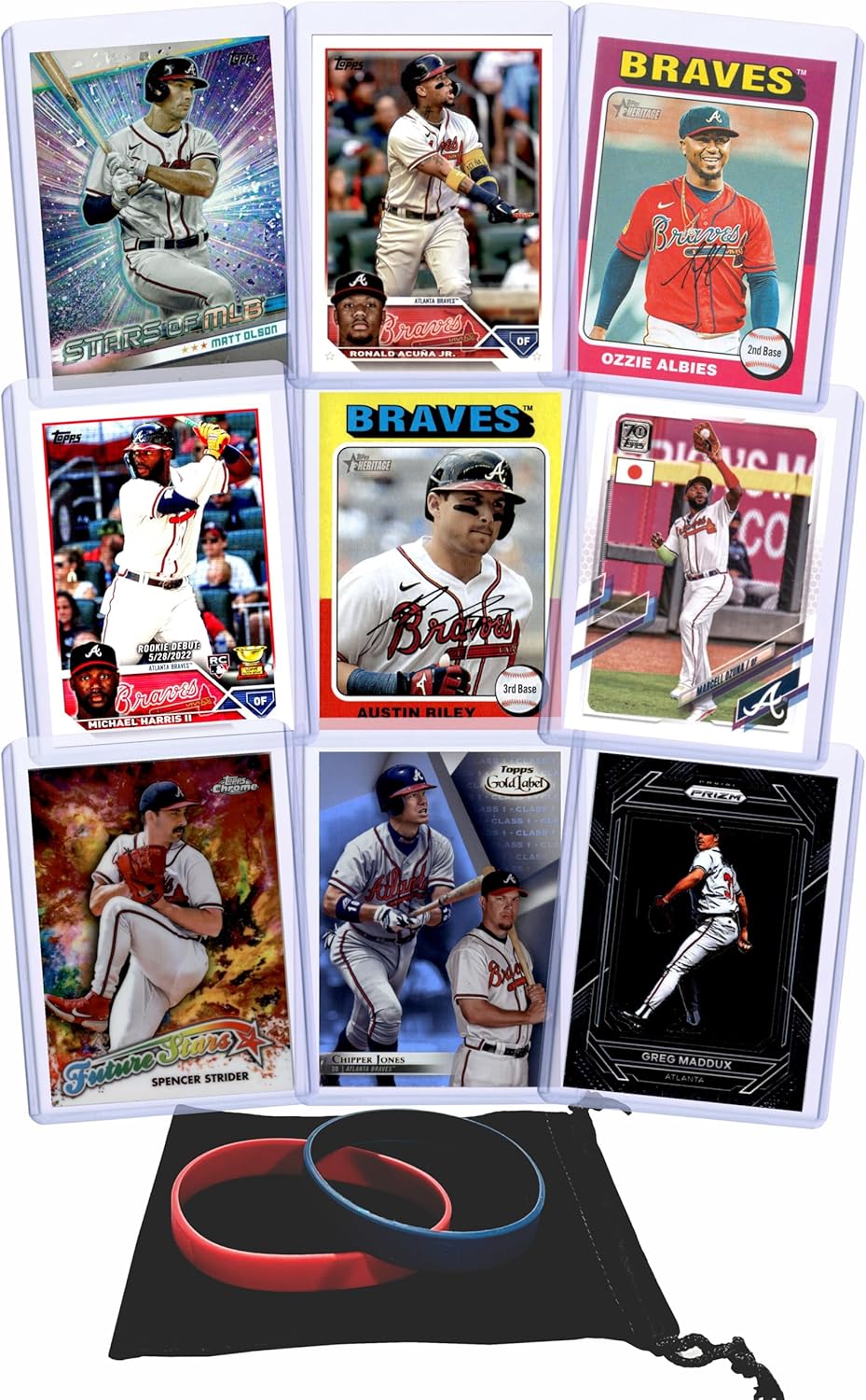 Atlanta Braves Baseball Cards: Ronald Acuna Jr, Ozzie Albies, Matt Olson, Spencer Strider, Austin Riley, Marcell Ozuna, Chipper Jones, Michael Harris, Greg Maddux ASSORTED Stars and GOATs (9) Trading Card & Wristbands Gift Pack