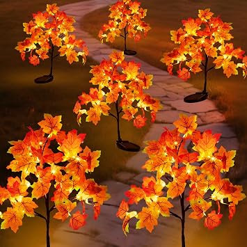 2 Pack Fall Solar Lights Outdoor Decorative with 8 Lighting Modes, 40LED Pumpkin Maple Trees Fall Decor, IP65 Waterproof Solar Stake Lights for Yard Pathway Patio Halloween Thanksgiving Decorations