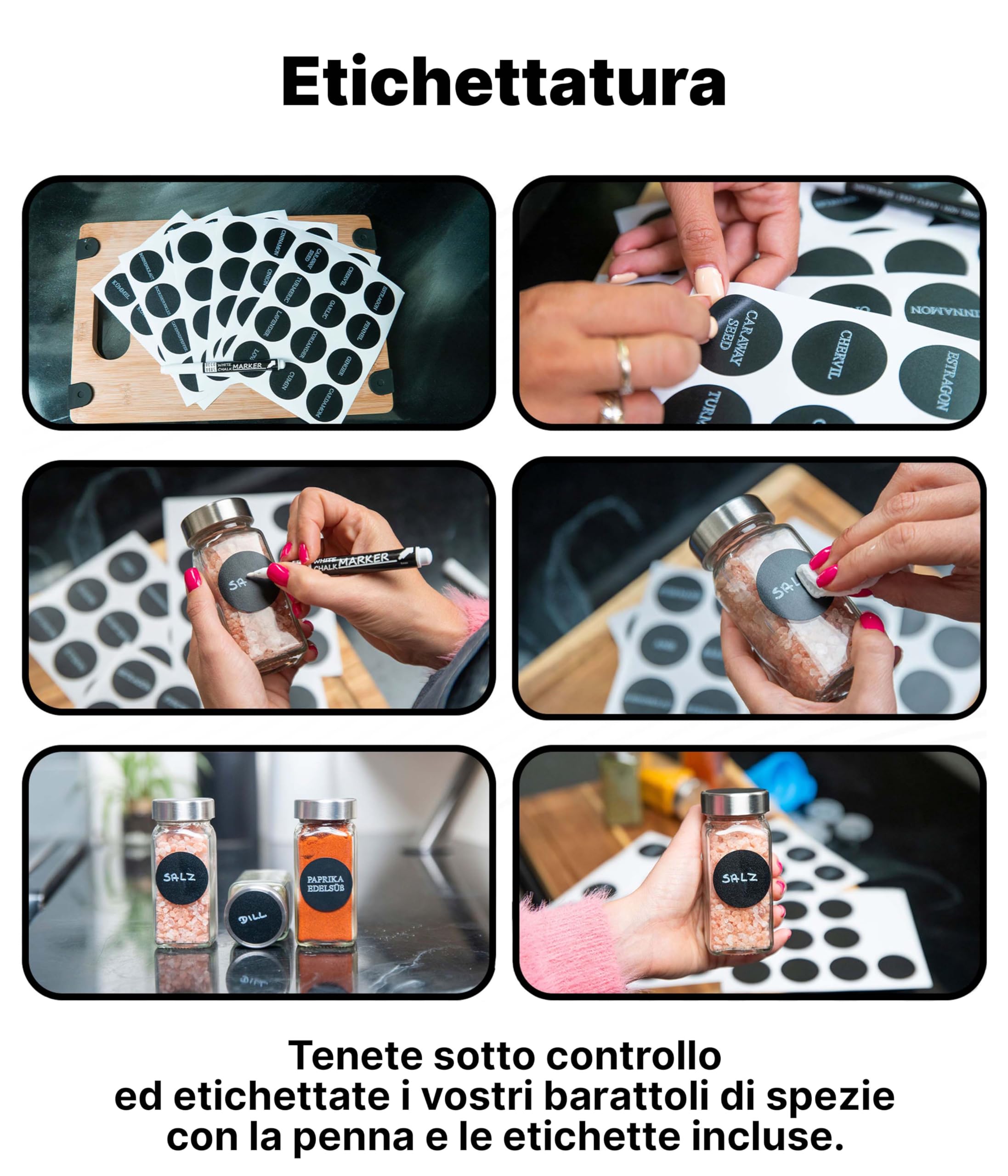 Deco haus® Porta Spezie per Cucina [con Barattoli ed Etichette]- Organizzatore di spezie - Portaspezie in Piedi e da Parete - Portaspezie Salvaspazio