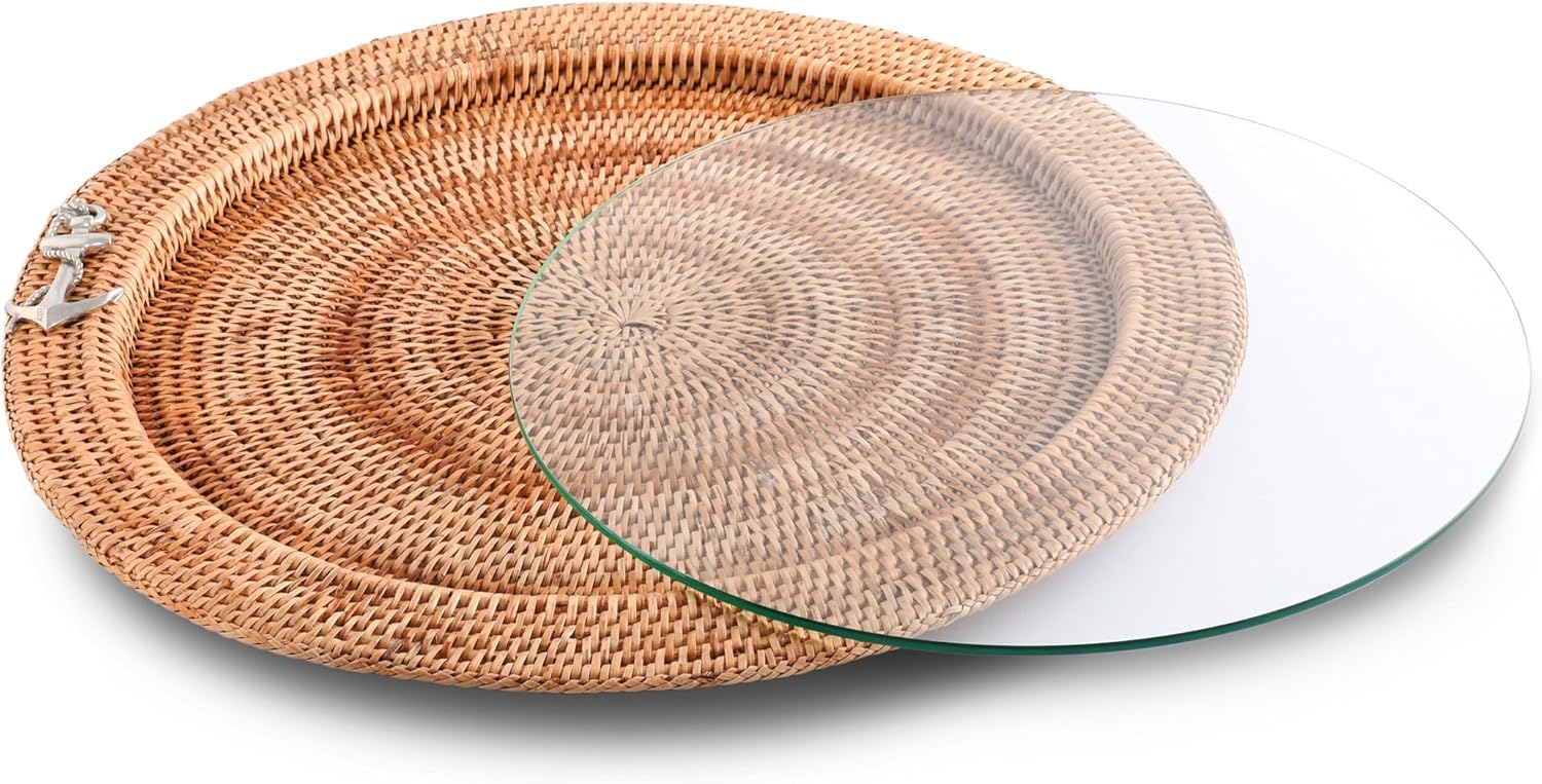 Vagabond House Round Basket Tray - Hand Woven Wicker Rattan Tray Round Trays with Glass Insert, Pewter Anchor, Lightweight, Natural, Food Safe Rattan Tray Round for Beach Home 19 Inches
