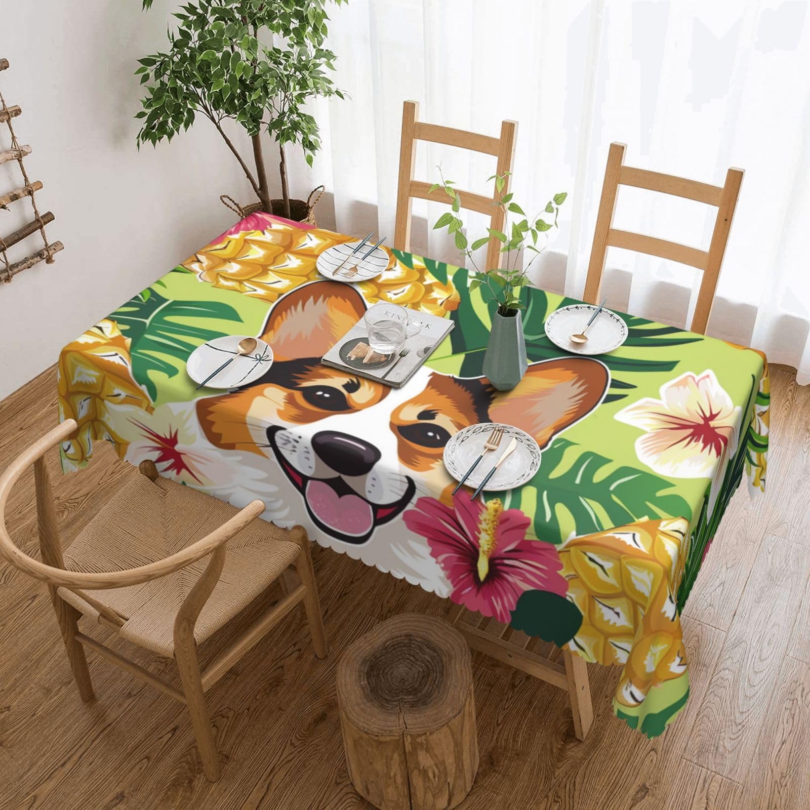 WPKJU Corgi Hawaiian Tropical Summer Pineapple Printed Rectangle Tablecloth 72x54 Inch with Lace Trim, Water-Resistant Washable Table Cover for Farmhouse Weddings, Outdoor Picnics & Holiday Dining