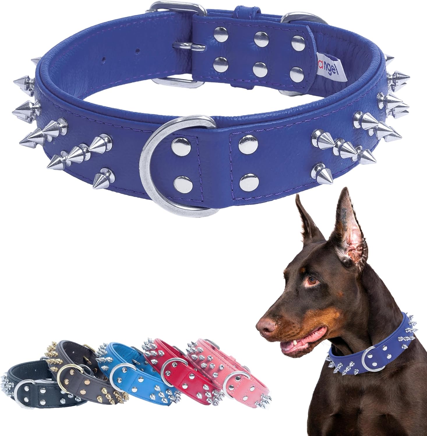 Angel, Leather Cobalt Blue, Multi- Line Spiked Dog Collar, 24" x 1.5", Fits most Labs, Shepherds or neck Size 17"- 21.5" or Weights of 75-95 LBS, Super Soft Padded Leather,