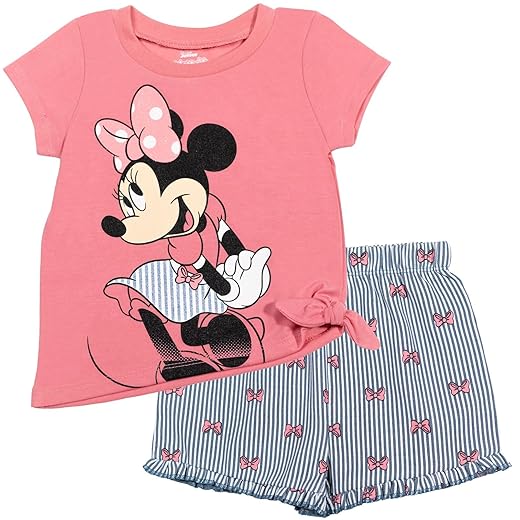 Disney Minnie Mouse Rainbow Floral T-Shirt and Chambray Shorts Outfit Set Infant to Big Kid Sizes (12 Months - 14-16)
