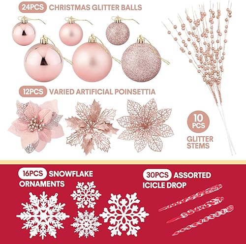 Miniatura 3 de 92 piezas de adornos de bolas de Navidad, copo de nieve colgante de cristal, flores de pascua con purpurina de Navidad, tallos artificiales para Oro