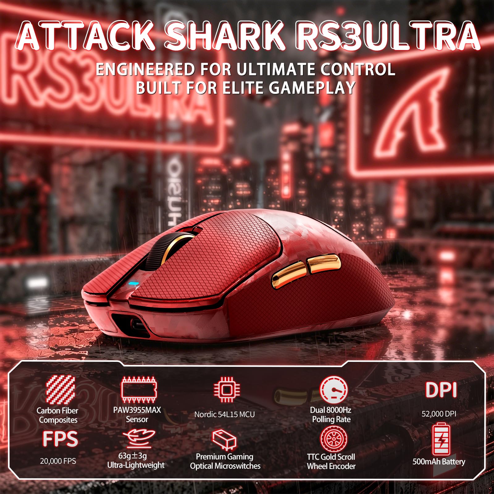 MAMBASNAKE ATTACK SHARK RS3 ULTRA Carbon Fiber Wireless Gaming Mouse, Nordic 54L15 MCU, PAW3955MAX Sensor, Up to 52000 DPI, 66g Lightweight, Dual 8000Hz, Shark-fin Dongle Design, for PC/MAC/PS, Red