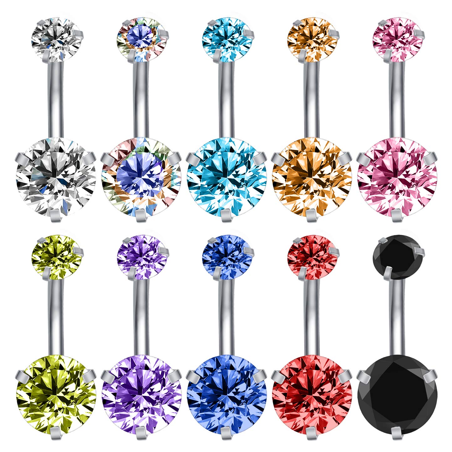 ZS 10pcs Sparkly Round Heart Square Star Cubic Zirconia Curved Barbell Belly Button Rings Navel Ring